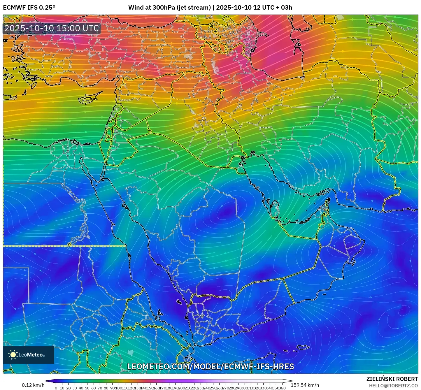 ECMWF IFS 0.25° model - Middle East, Wind at 300hPa (jet stream) ECMWF IFS 0.25° model - Middle East, Wind at 300hPa (jet stream)