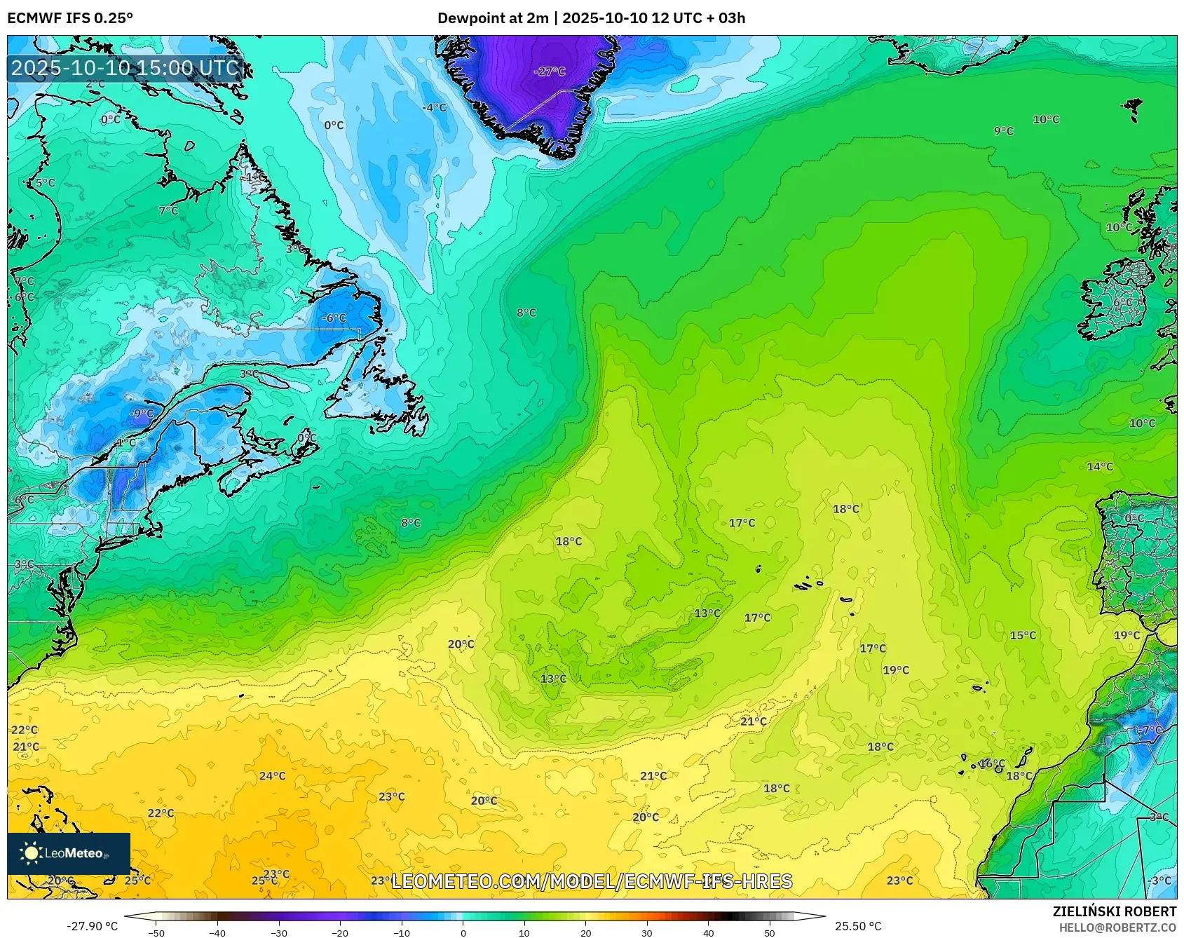 ECMWF IFS 0.25° model - North Atlantic, Dewpoint at 2m ECMWF IFS 0.25° model - North Atlantic, Dewpoint at 2m