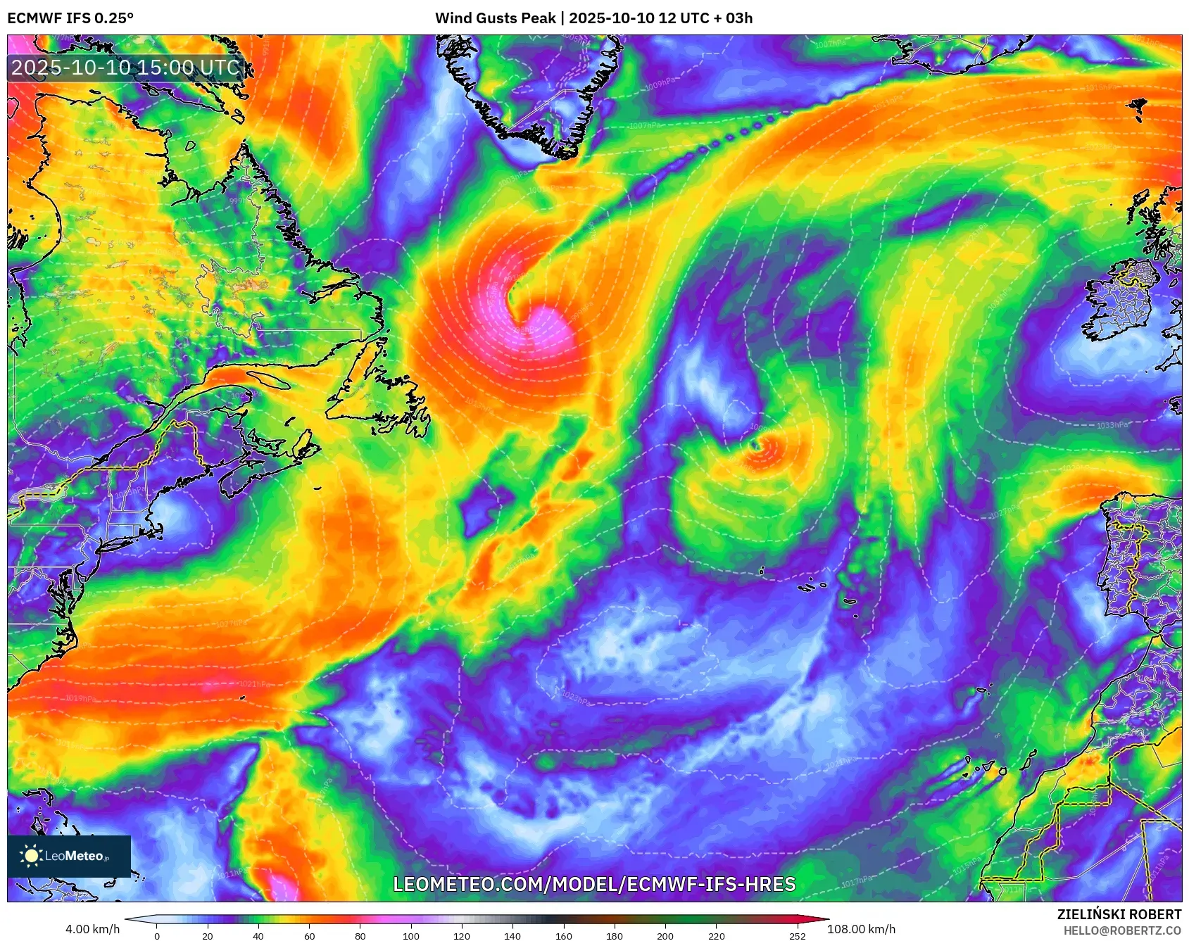 ECMWF IFS 0.25° model - North Atlantic, Wind Gusts Peak ECMWF IFS 0.25° model - North Atlantic, Wind Gusts Peak
