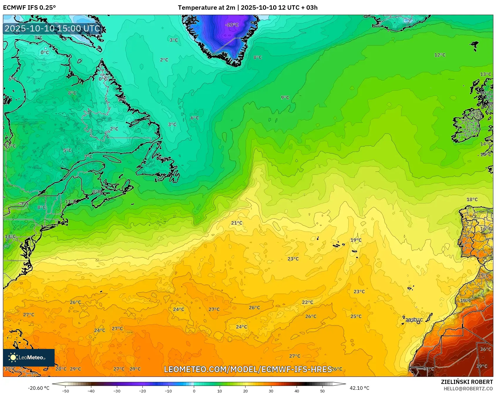 ECMWF IFS 0.25° model - North Atlantic, Temperature at 2m ECMWF IFS 0.25° model - North Atlantic, Temperature at 2m