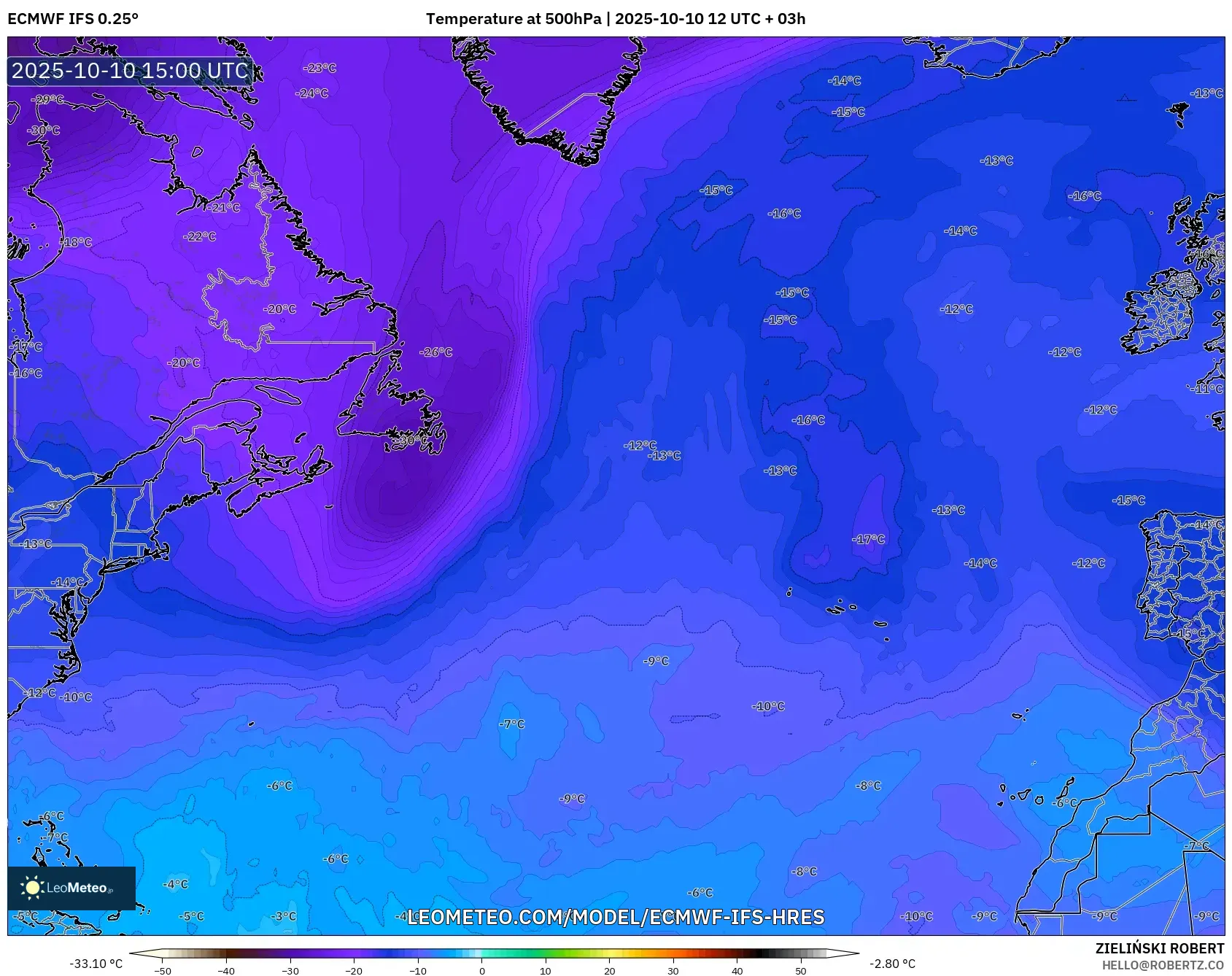 ECMWF IFS 0.25° model - North Atlantic, Temperature at 500hPa