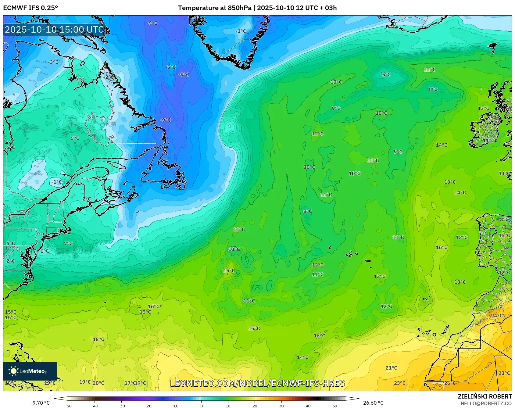 ECMWF IFS 0.25° model - North Atlantic, Temperature at 850hPa ECMWF IFS 0.25° model - North Atlantic, Temperature at 850hPa
