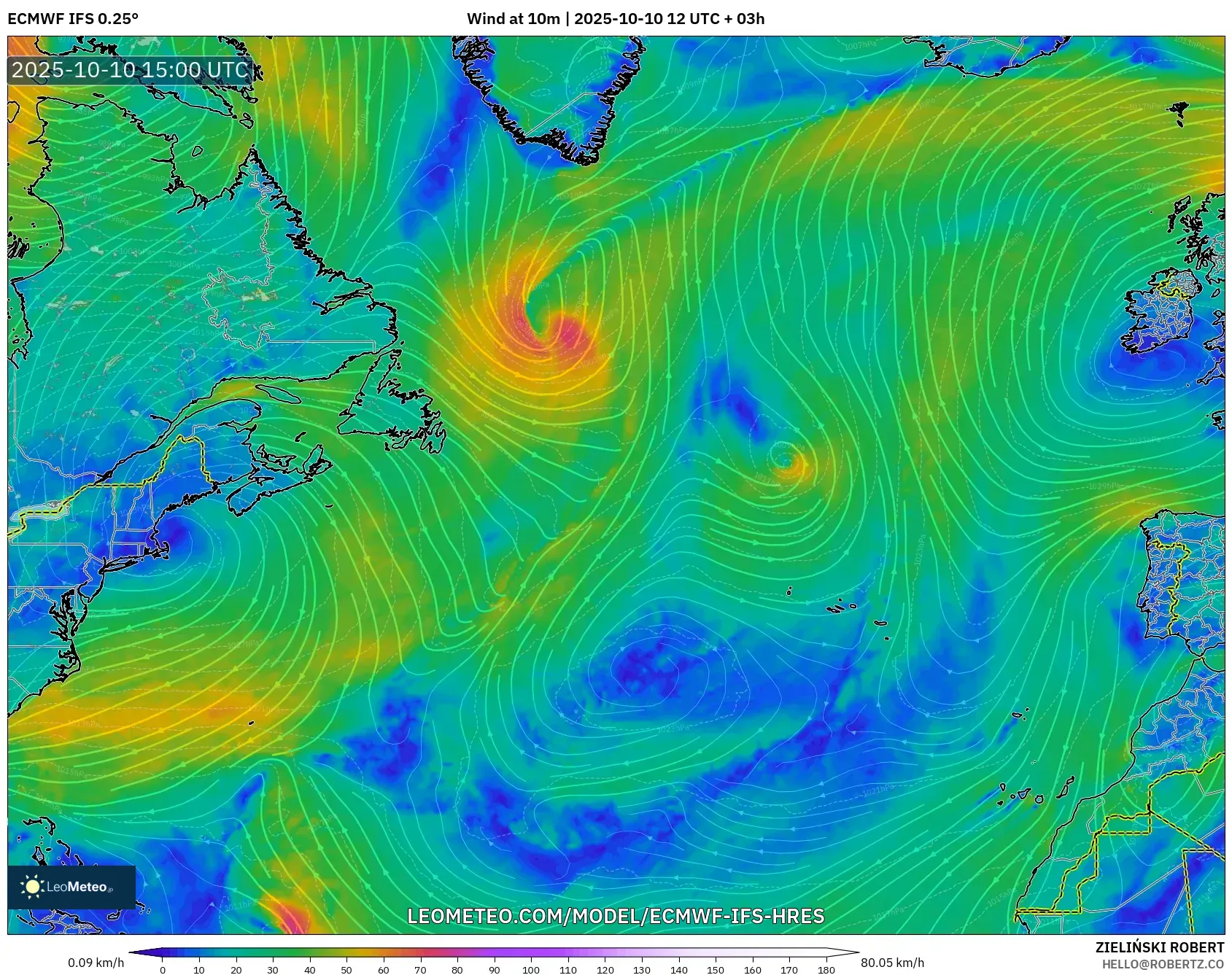 ECMWF IFS 0.25° model - North Atlantic, Wind at 10m ECMWF IFS 0.25° model - North Atlantic, Wind at 10m