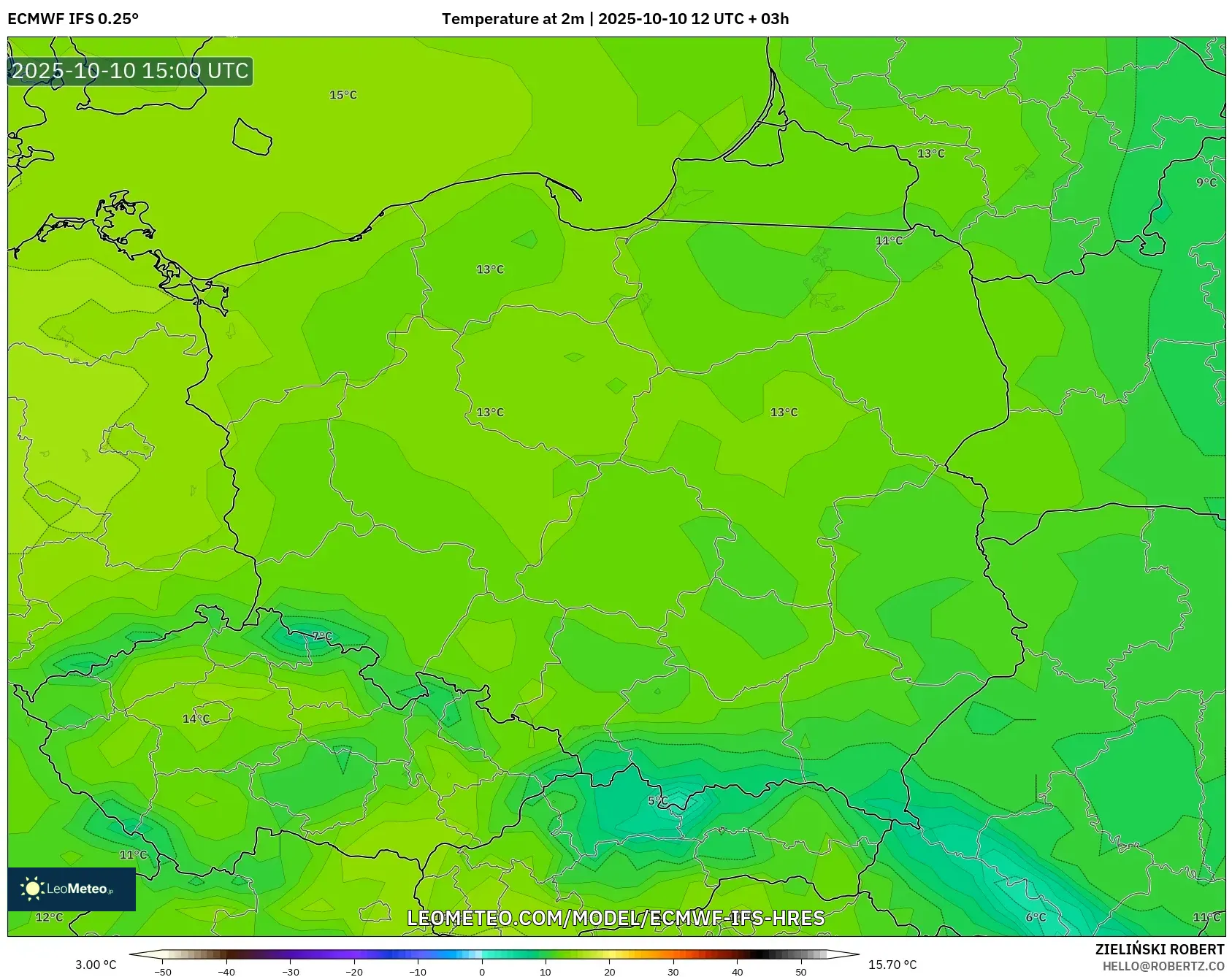 ECMWF IFS 0.25° model - Poland, Temperature at 2m ECMWF IFS 0.25° model - Poland, Temperature at 2m