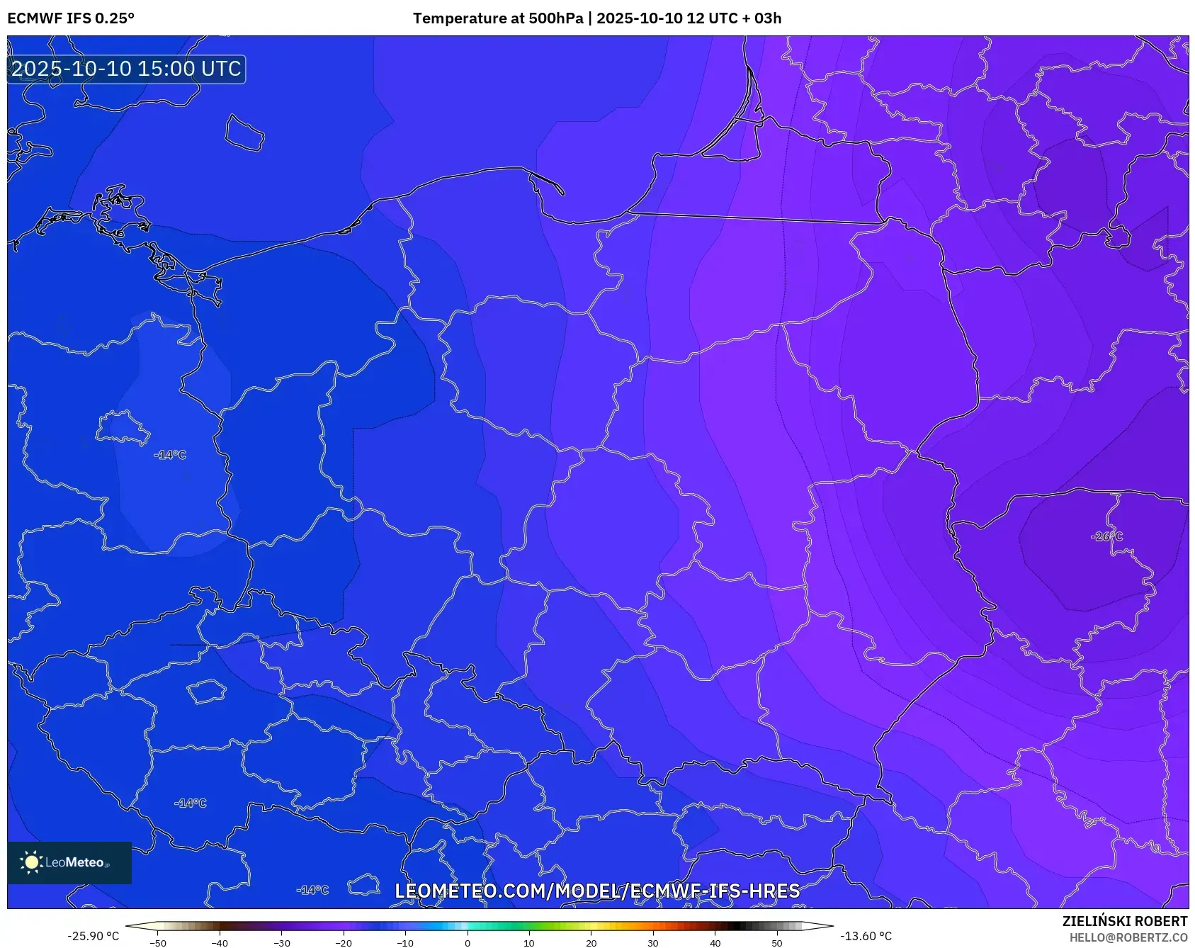 ECMWF IFS 0.25° model - Poland, Temperature at 500hPa