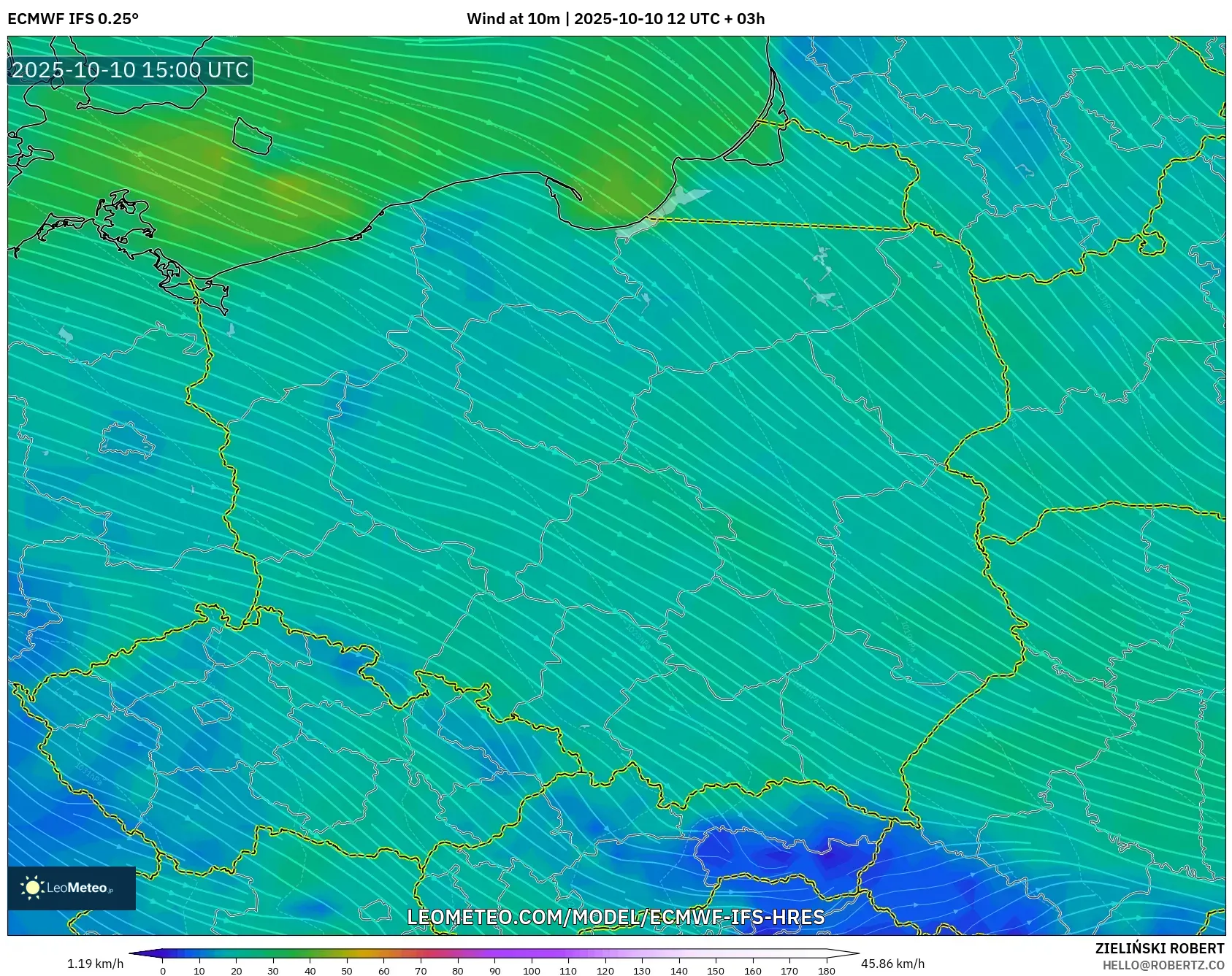 ECMWF IFS 0.25° model - Poland, Wind at 10m ECMWF IFS 0.25° model - Poland, Wind at 10m