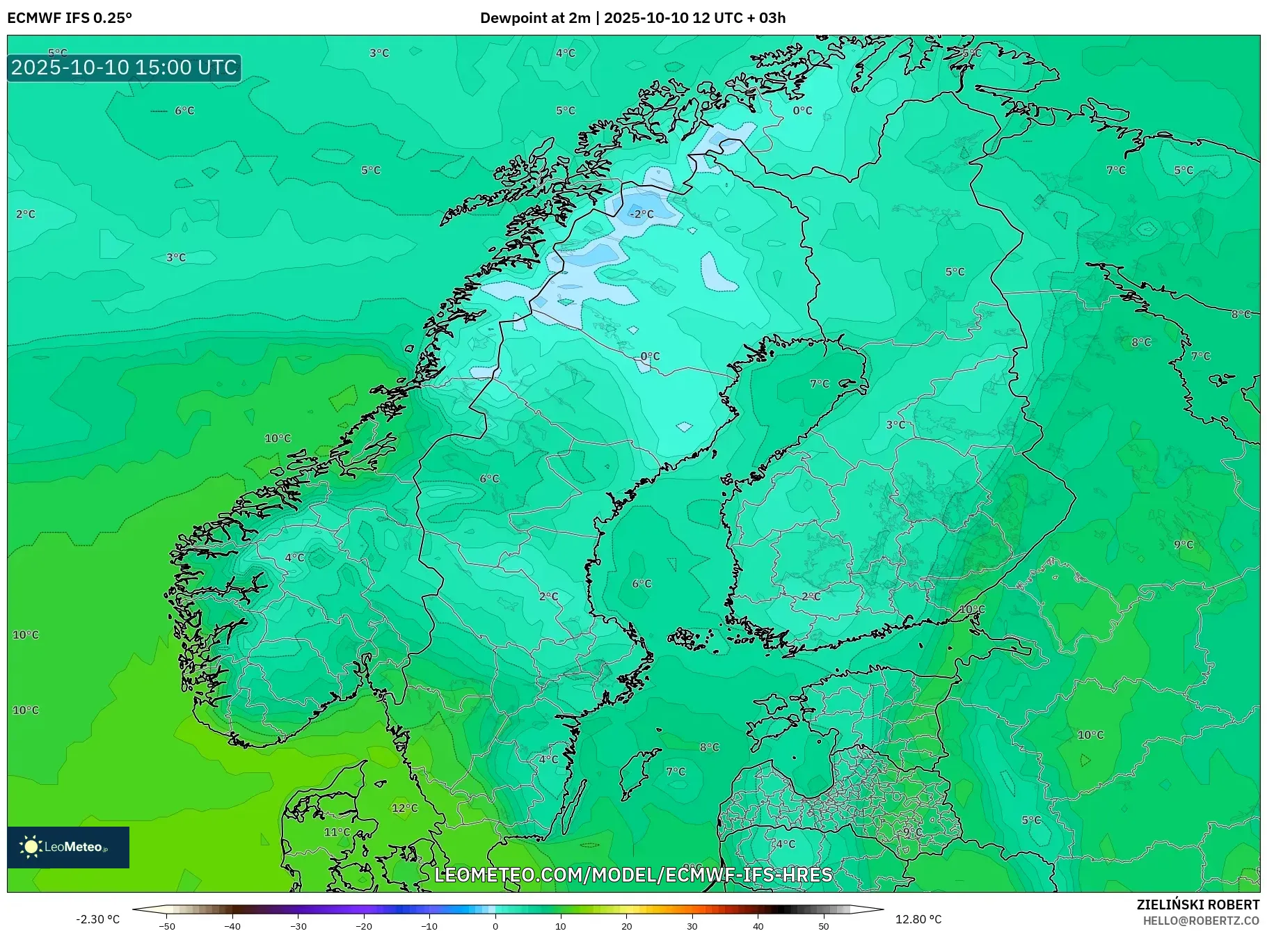 ECMWF IFS 0.25° model - Scandinavia, Dewpoint at 2m ECMWF IFS 0.25° model - Scandinavia, Dewpoint at 2m