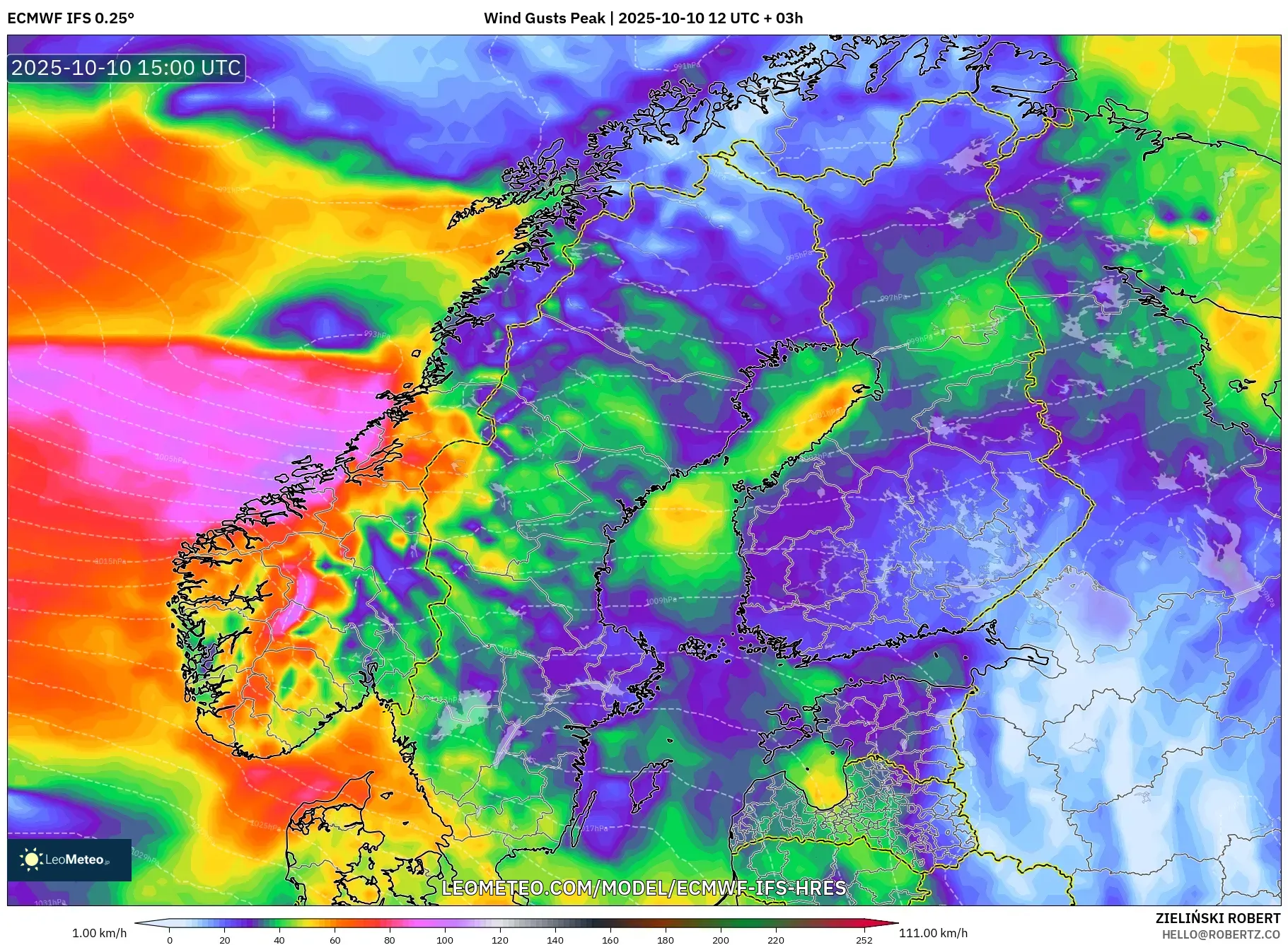 ECMWF IFS 0.25° model - Scandinavia, Wind Gusts Peak ECMWF IFS 0.25° model - Scandinavia, Wind Gusts Peak