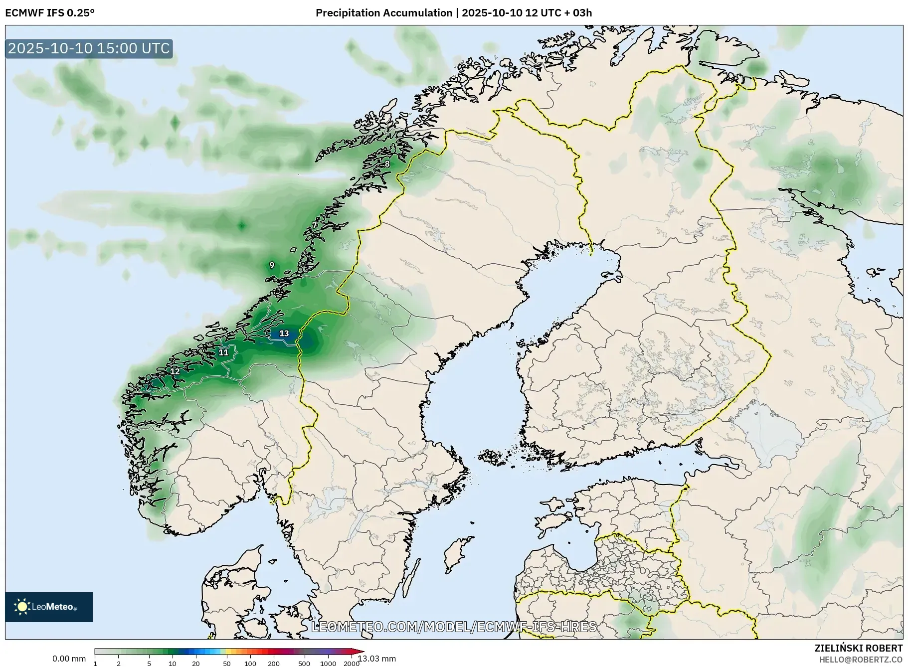 ECMWF IFS 0.25° model - Scandinavia, Precipitation Accumulation