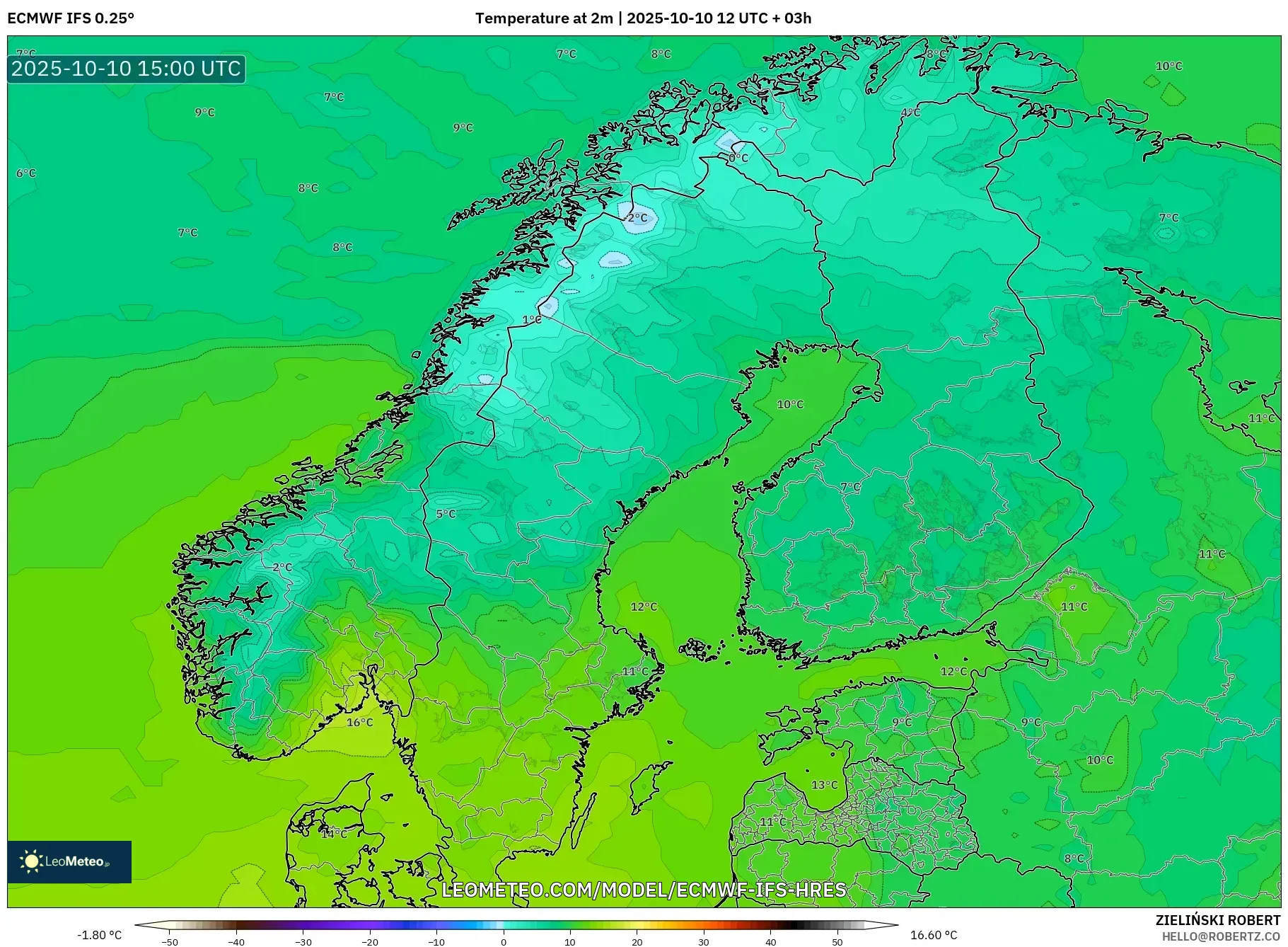 ECMWF IFS 0.25° model - Scandinavia, Temperature at 2m