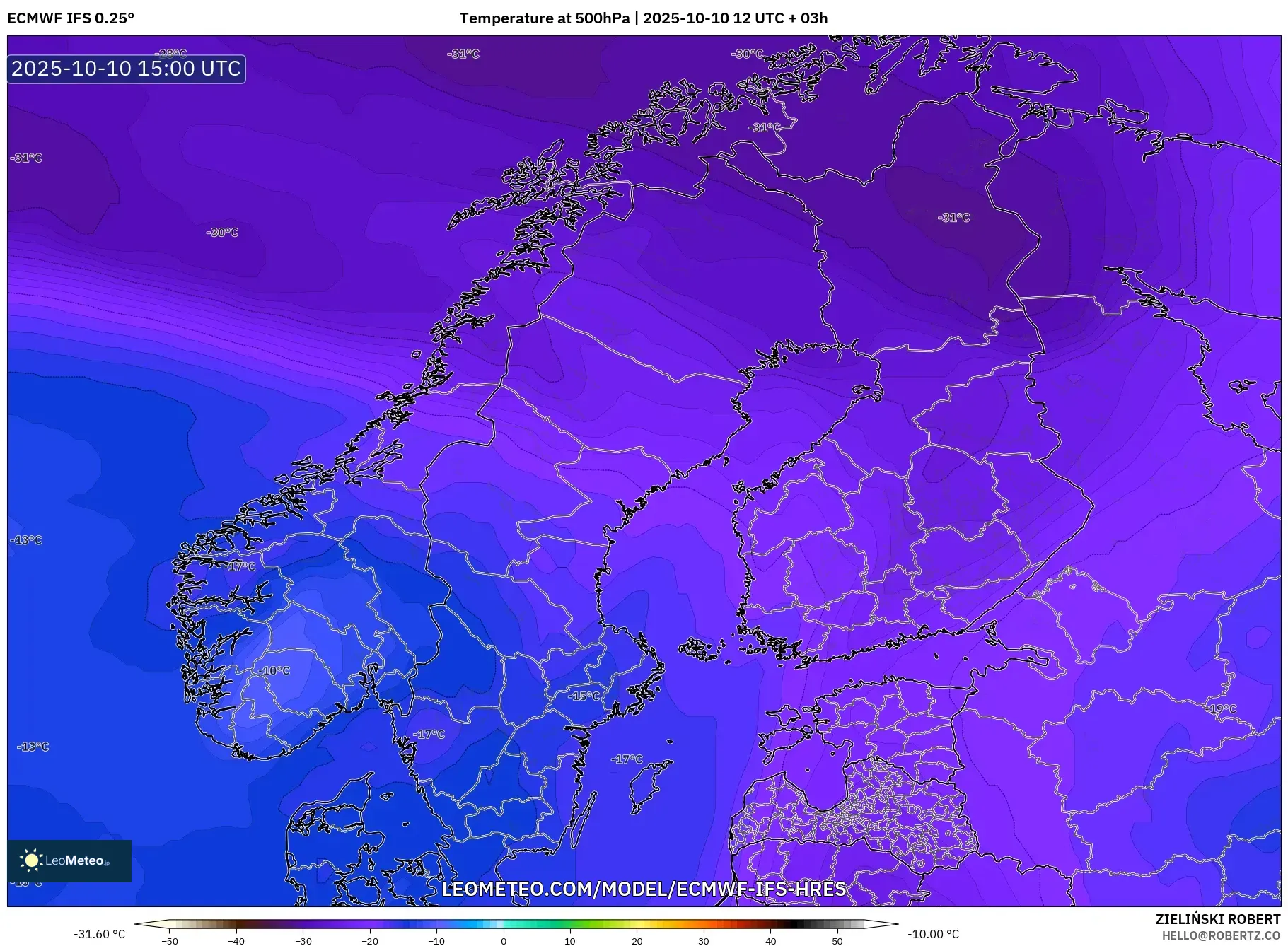 ECMWF IFS 0.25° model - Scandinavia, Temperature at 500hPa ECMWF IFS 0.25° model - Scandinavia, Temperature at 500hPa