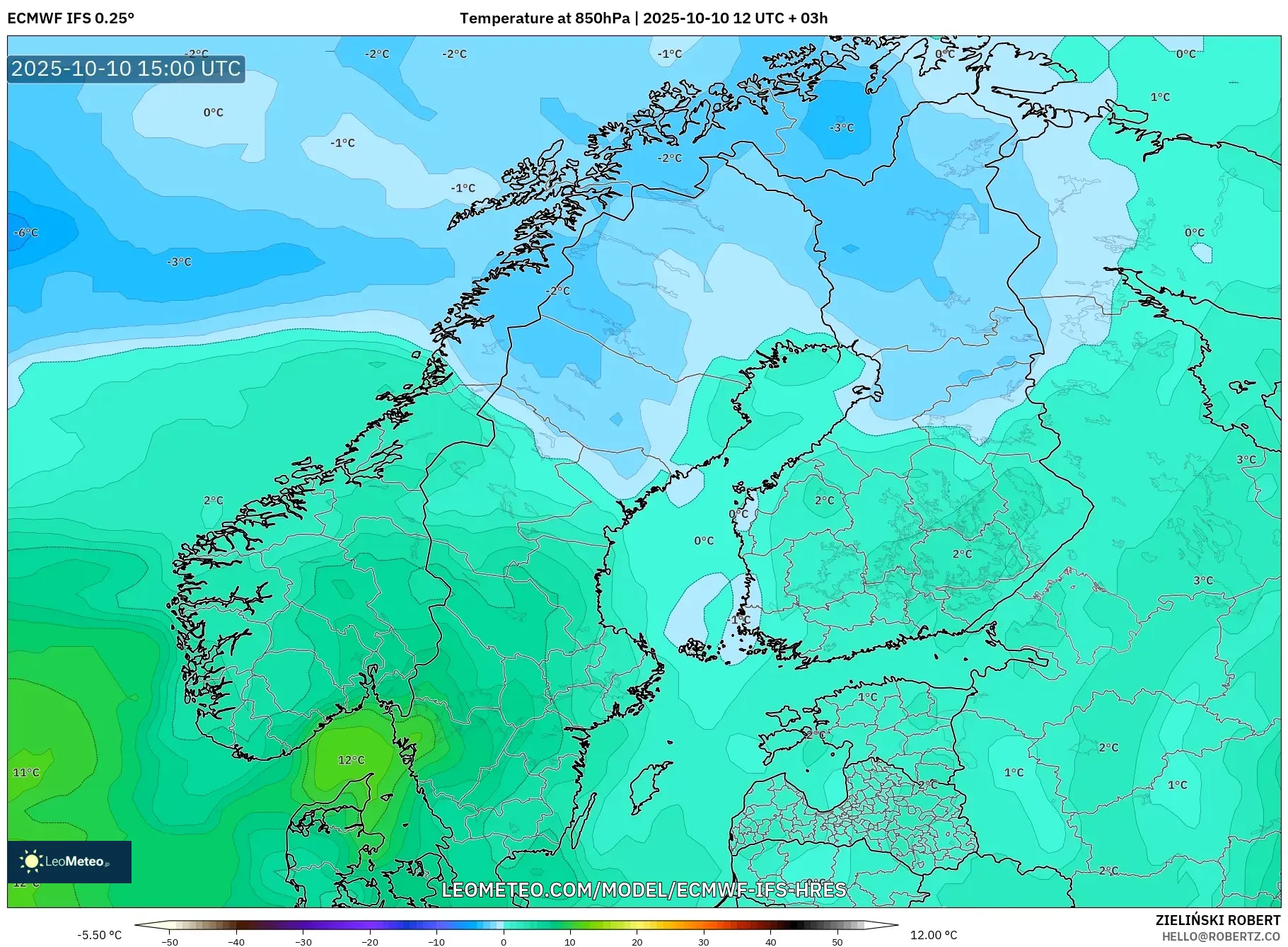 ECMWF IFS 0.25° model - Scandinavia, Temperature at 850hPa