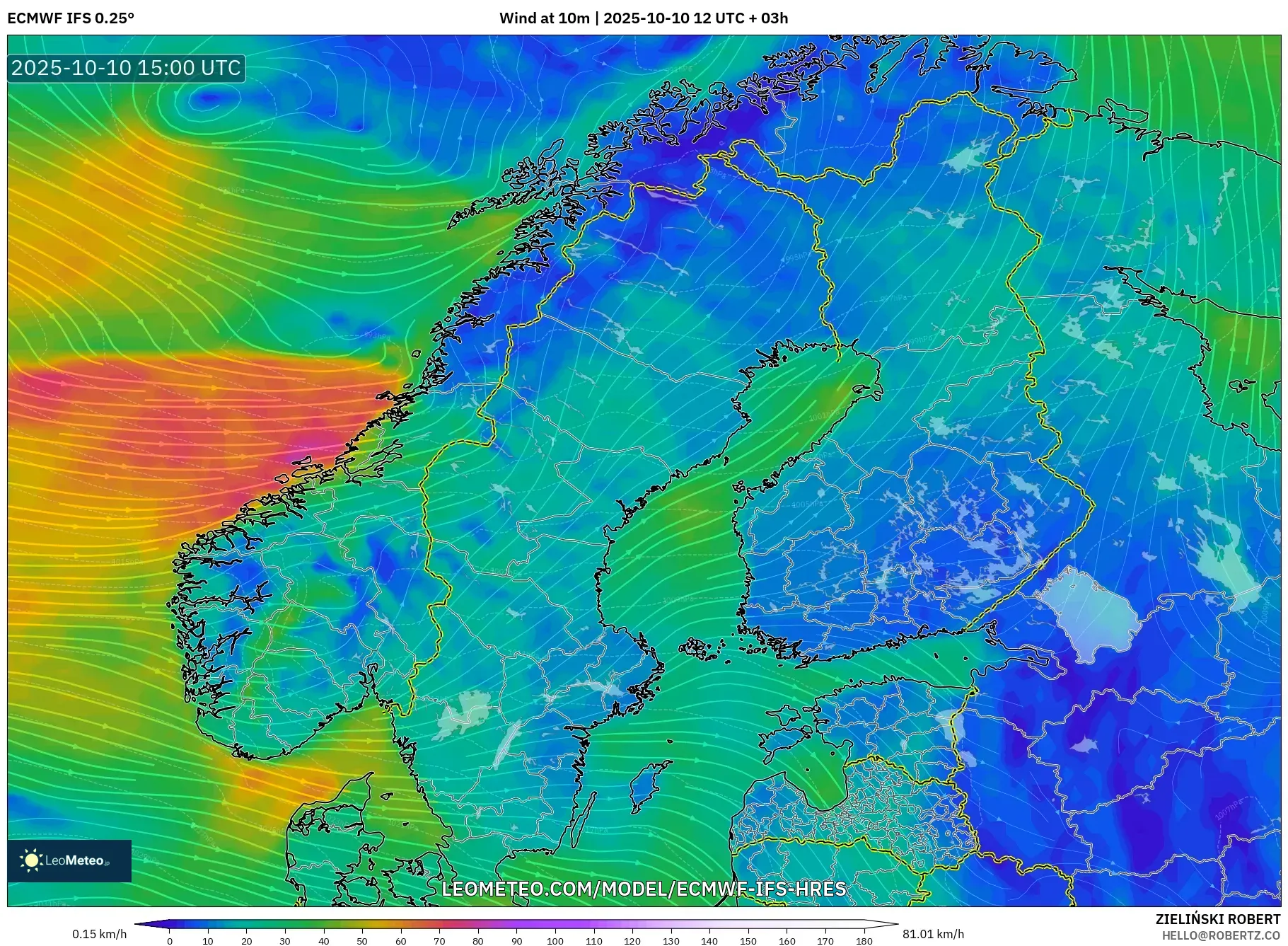 ECMWF IFS 0.25° model - Scandinavia, Wind at 10m