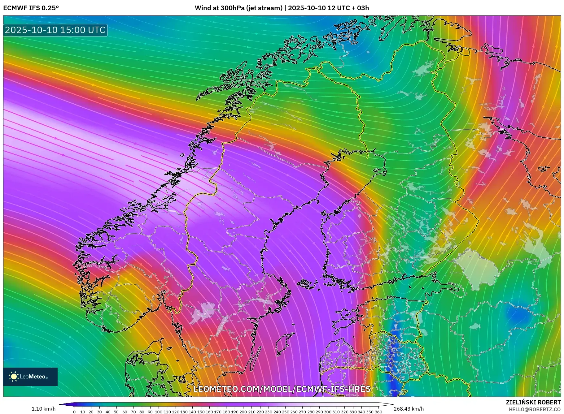 ECMWF IFS 0.25° model - Scandinavia, Wind at 300hPa (jet stream) ECMWF IFS 0.25° model - Scandinavia, Wind at 300hPa (jet stream)