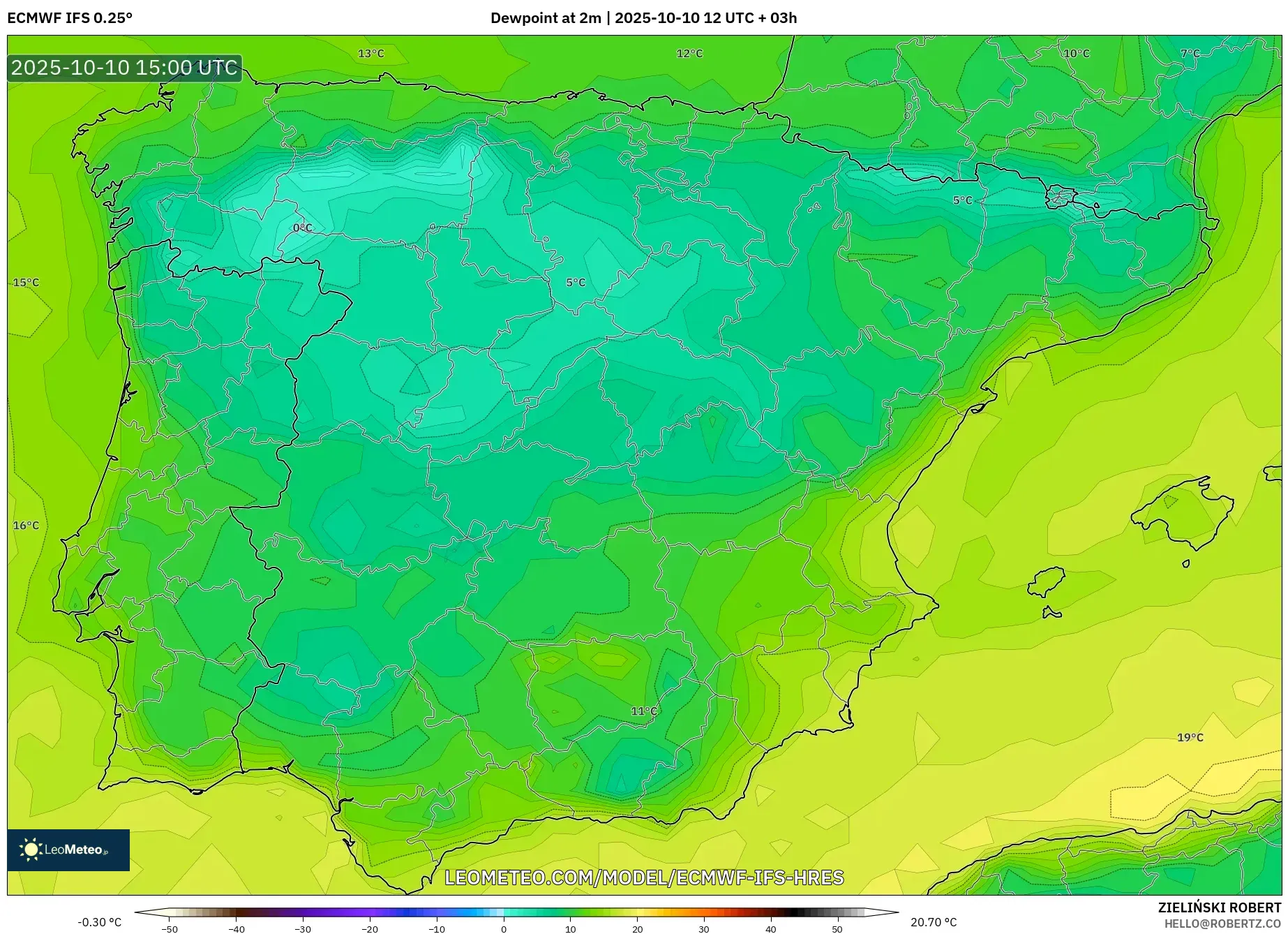 ECMWF IFS 0.25° model - Spain, Dewpoint at 2m