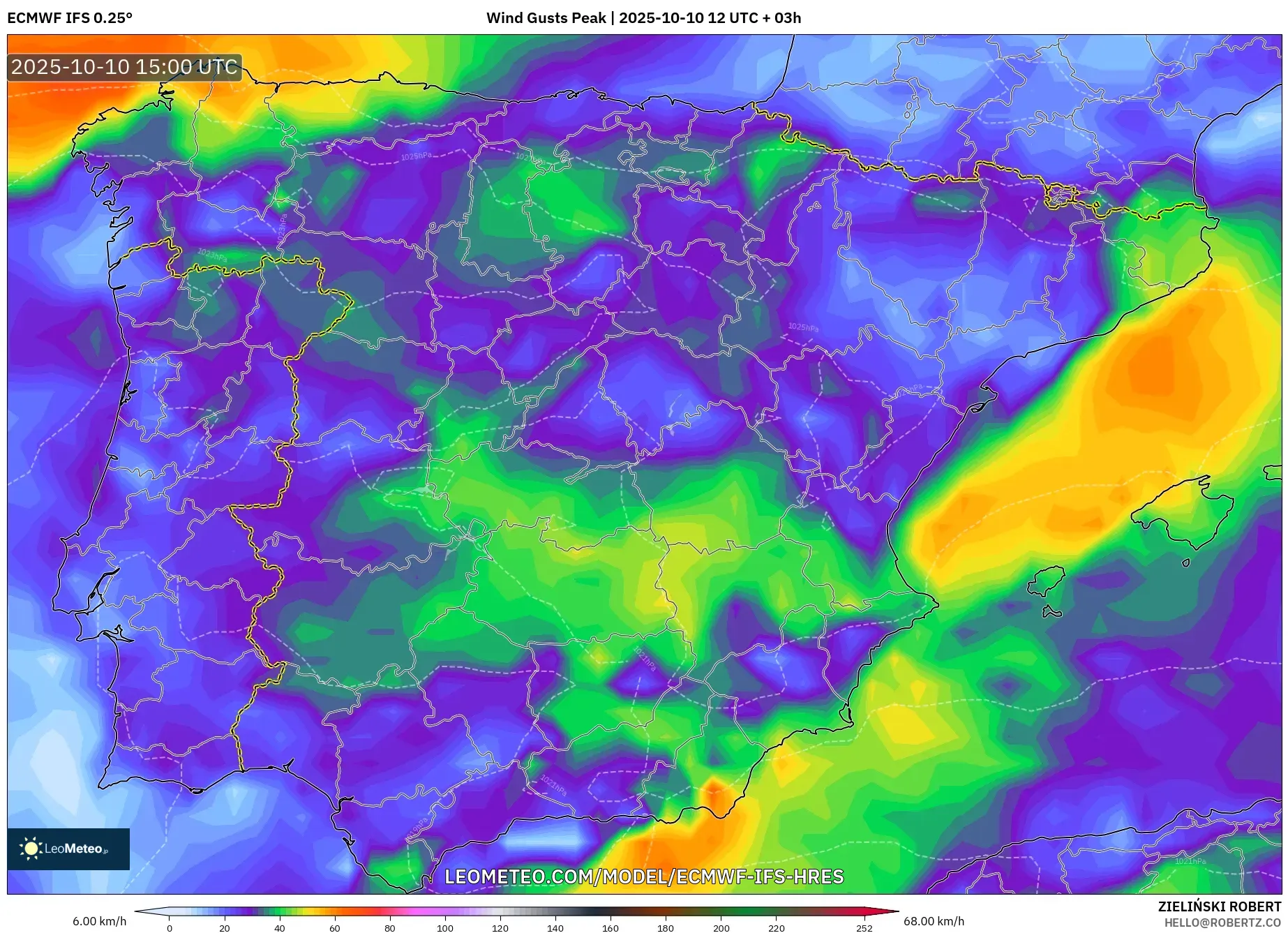 ECMWF IFS 0.25° model - Spain, Wind Gusts Peak ECMWF IFS 0.25° model - Spain, Wind Gusts Peak