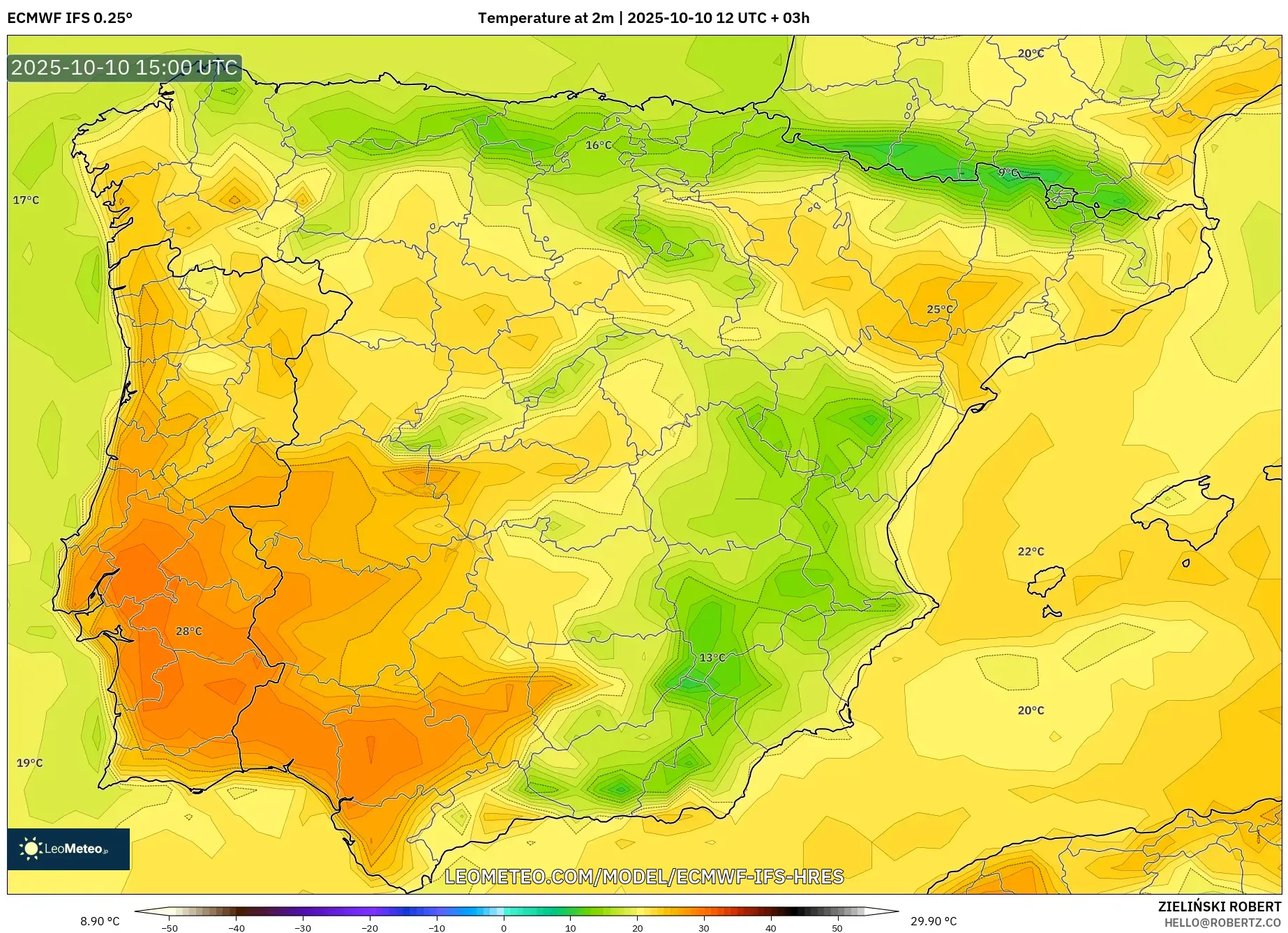 ECMWF IFS 0.25° model - Spain, Temperature at 2m