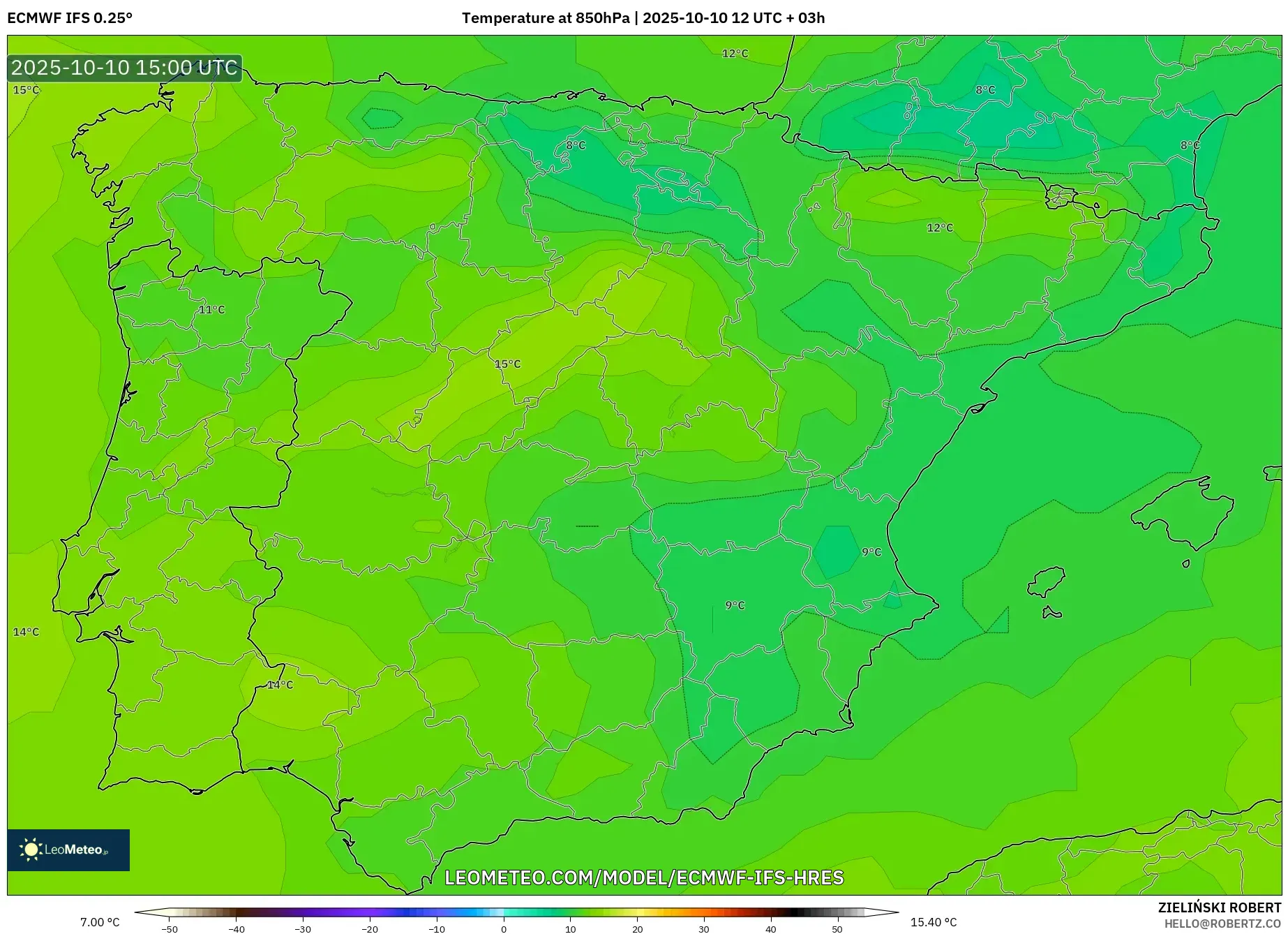 ECMWF IFS 0.25° model - Spain, Temperature at 850hPa ECMWF IFS 0.25° model - Spain, Temperature at 850hPa