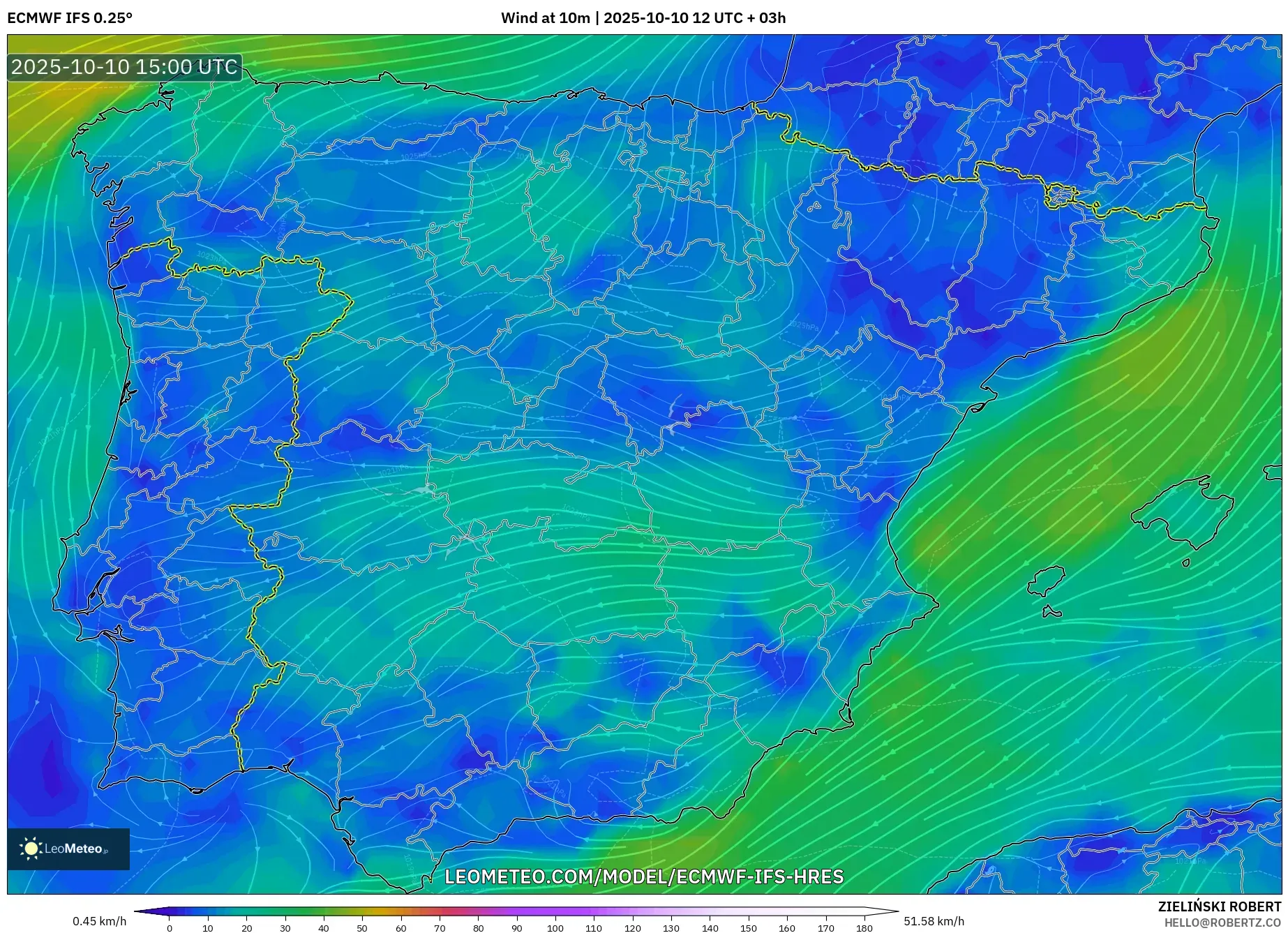 ECMWF IFS 0.25° model - Spain, Wind at 10m ECMWF IFS 0.25° model - Spain, Wind at 10m