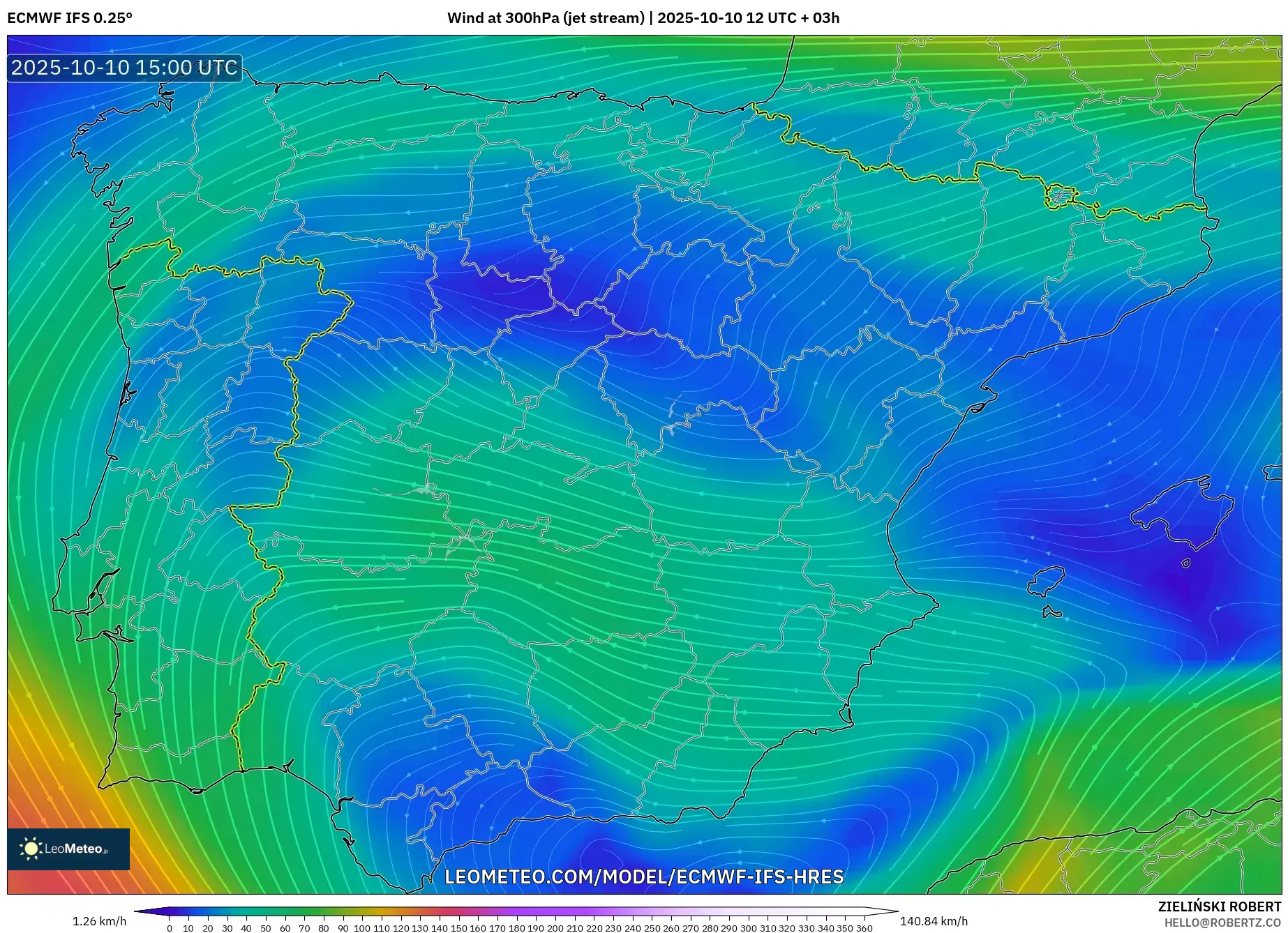 ECMWF IFS 0.25° model - Spain, Wind at 300hPa (jet stream)