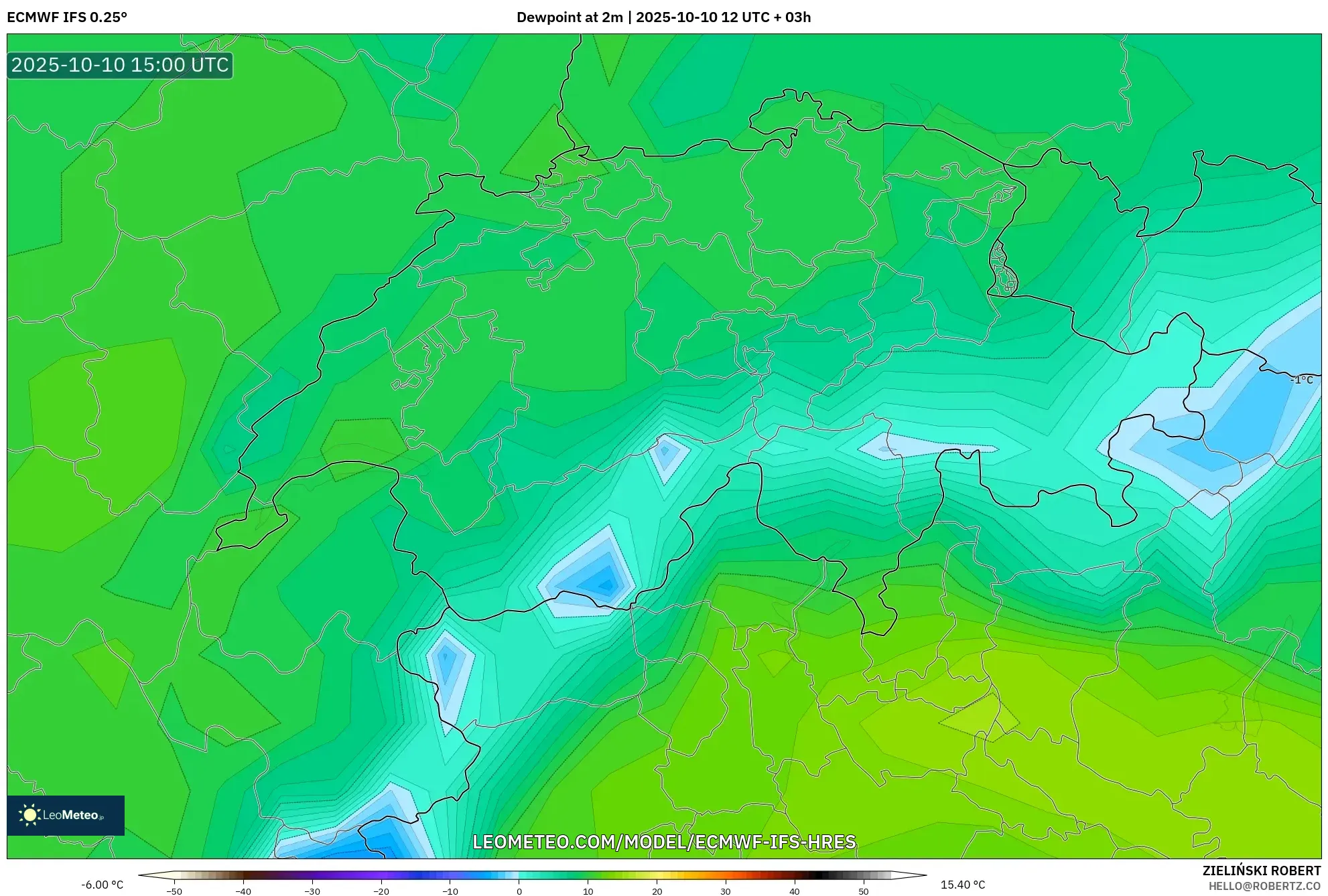 ECMWF IFS 0.25° model - Switzerland, Dewpoint at 2m ECMWF IFS 0.25° model - Switzerland, Dewpoint at 2m