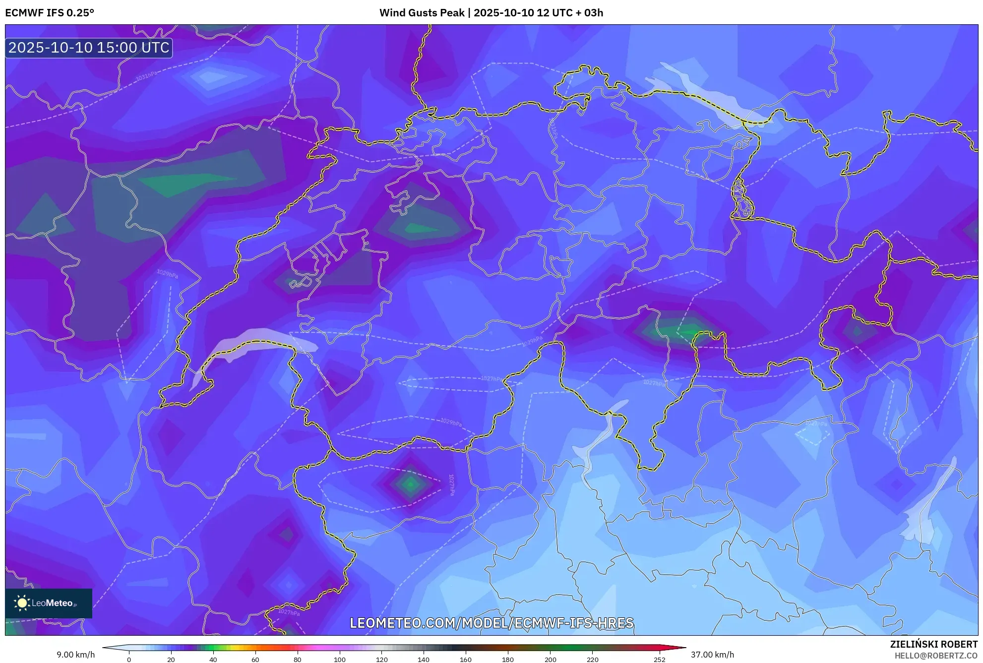 ECMWF IFS 0.25° model - Switzerland, Wind Gusts Peak ECMWF IFS 0.25° model - Switzerland, Wind Gusts Peak