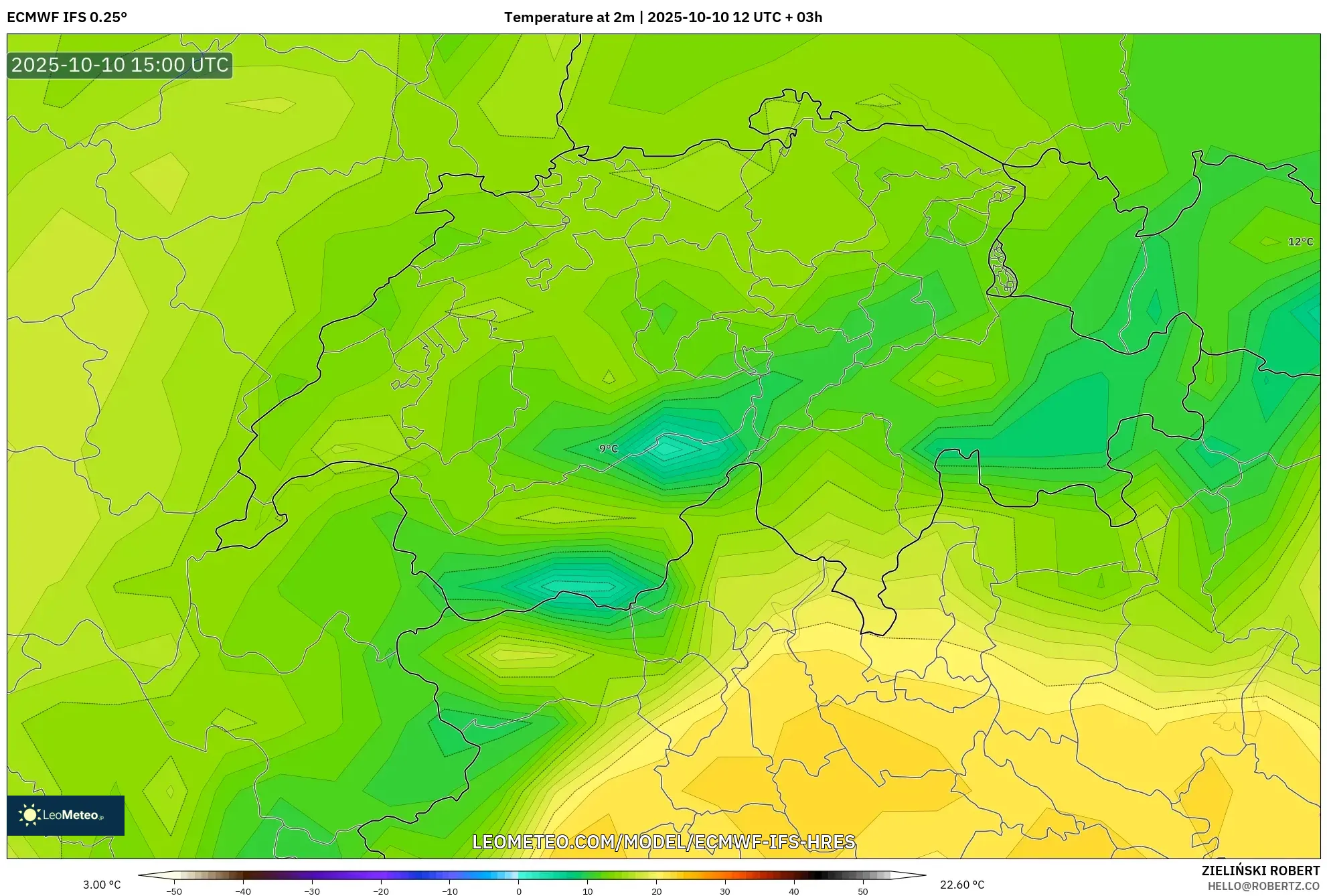 ECMWF IFS 0.25° model - Switzerland, Temperature at 2m ECMWF IFS 0.25° model - Switzerland, Temperature at 2m