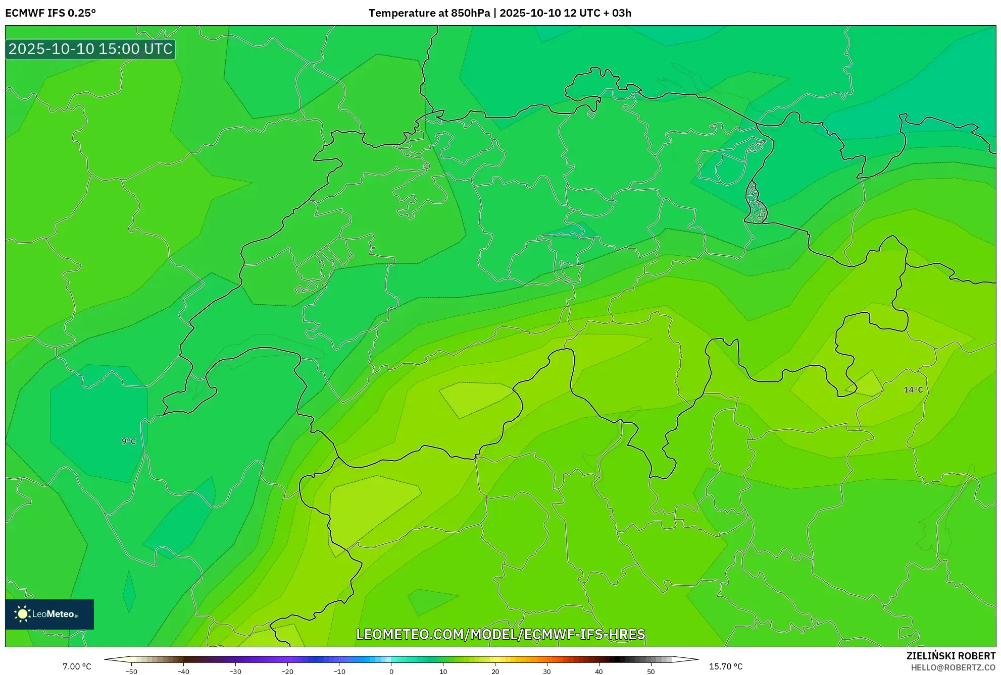 ECMWF IFS 0.25° model - Switzerland, Temperature at 850hPa ECMWF IFS 0.25° model - Switzerland, Temperature at 850hPa