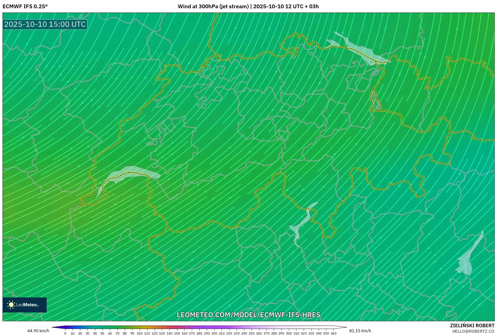 ECMWF IFS 0.25° model - Switzerland, Wind at 300hPa (jet stream) ECMWF IFS 0.25° model - Switzerland, Wind at 300hPa (jet stream)