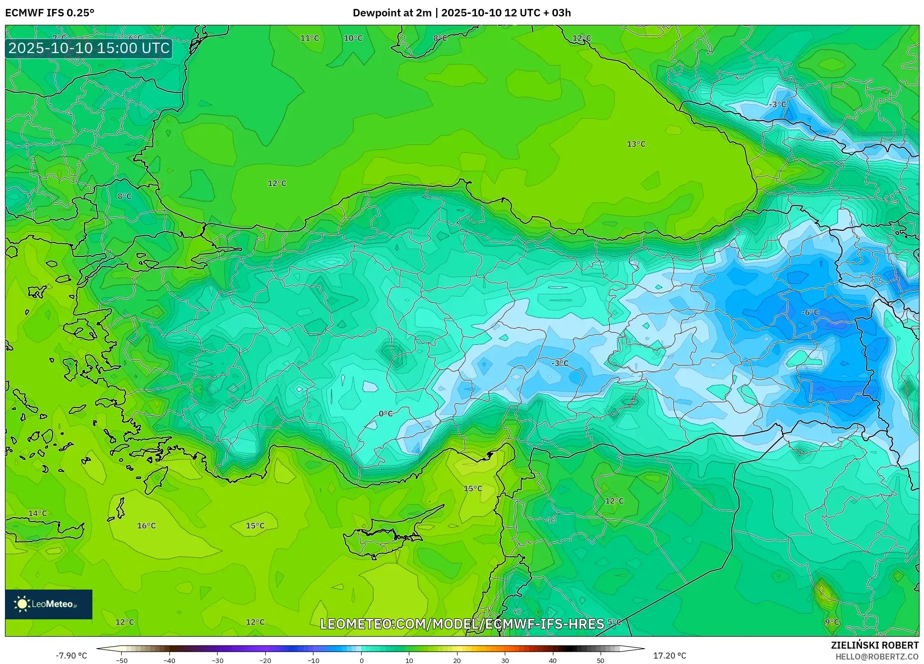 ECMWF IFS 0.25° model - Turkey, Dewpoint at 2m ECMWF IFS 0.25° model - Turkey, Dewpoint at 2m