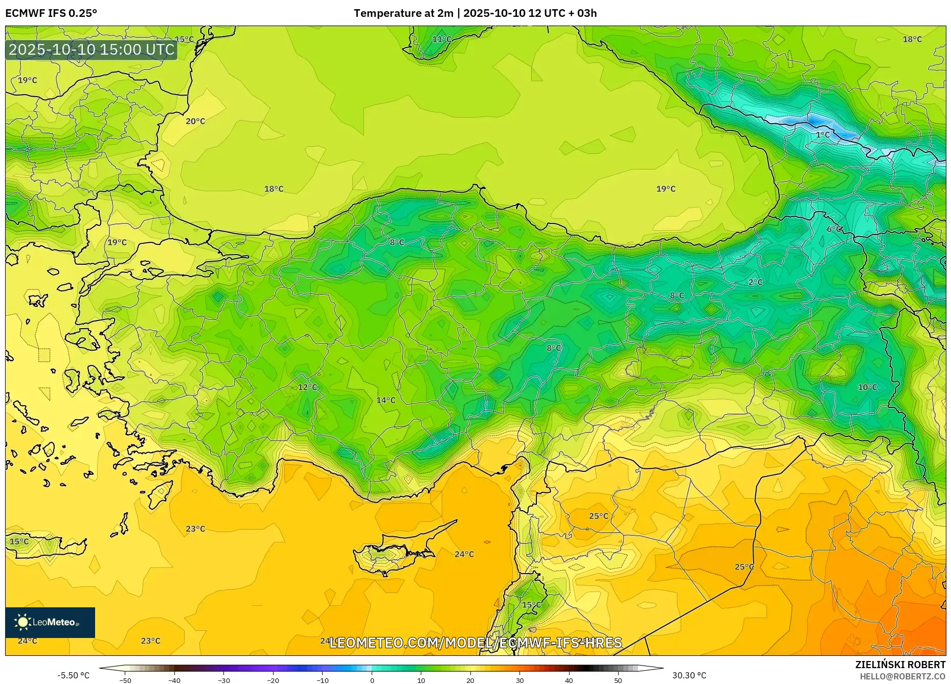 ECMWF IFS 0.25° model - Turkey, Temperature at 2m ECMWF IFS 0.25° model - Turkey, Temperature at 2m