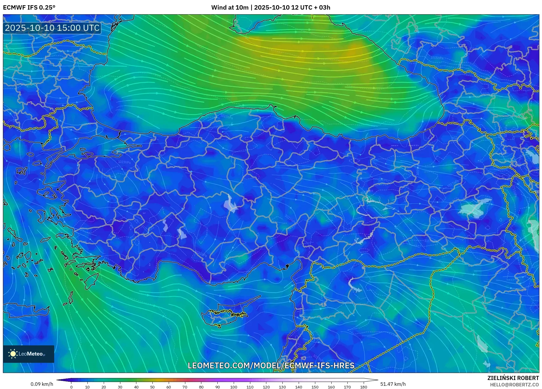 ECMWF IFS 0.25° model - Turkey, Wind at 10m ECMWF IFS 0.25° model - Turkey, Wind at 10m