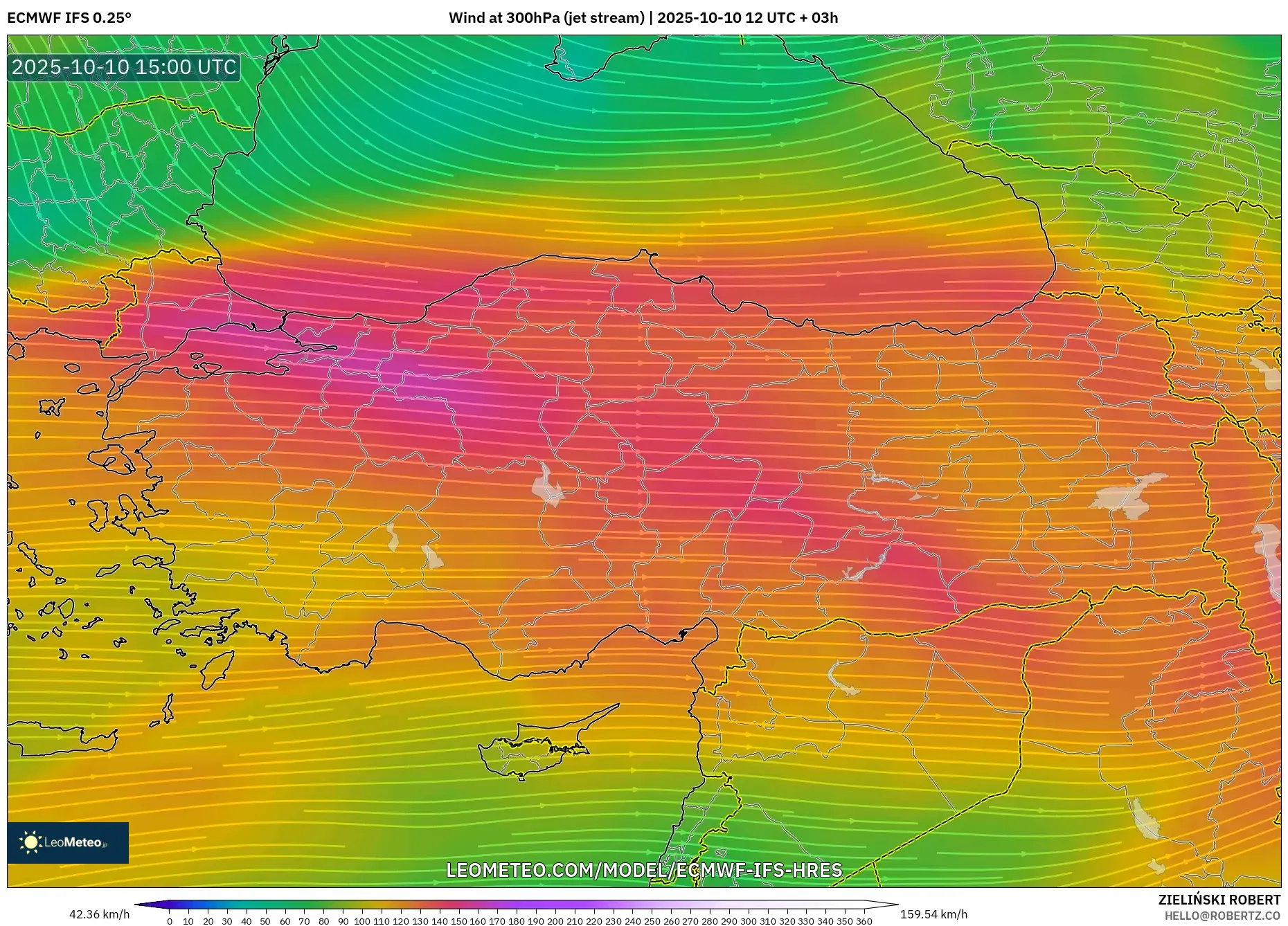 ECMWF IFS 0.25° model - Turkey, Wind at 300hPa (jet stream)