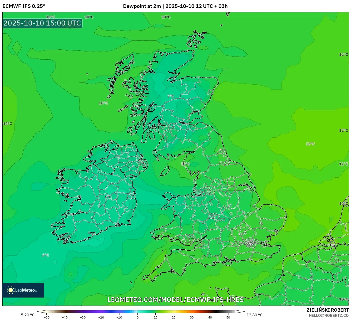 ECMWF IFS 0.25° model - United Kingdom, Dewpoint at 2m ECMWF IFS 0.25° model - United Kingdom, Dewpoint at 2m