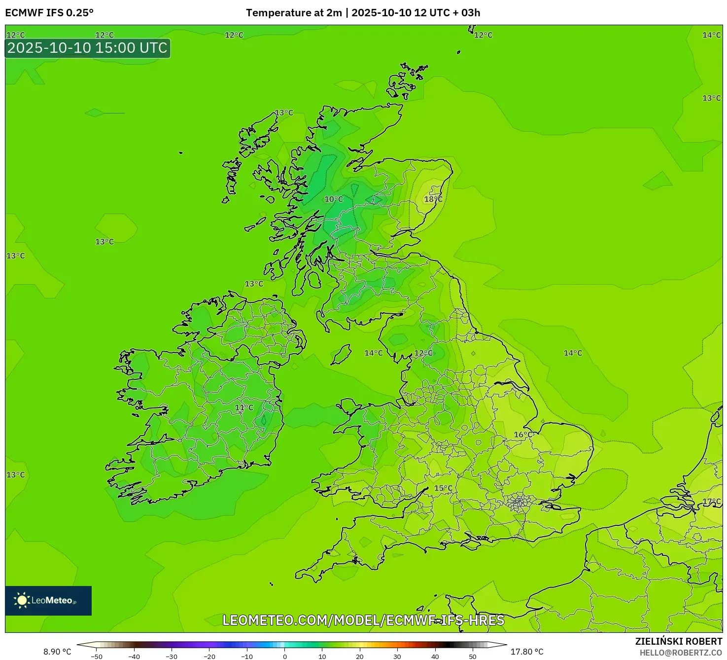 ECMWF IFS 0.25° model - United Kingdom, Temperature at 2m ECMWF IFS 0.25° model - United Kingdom, Temperature at 2m