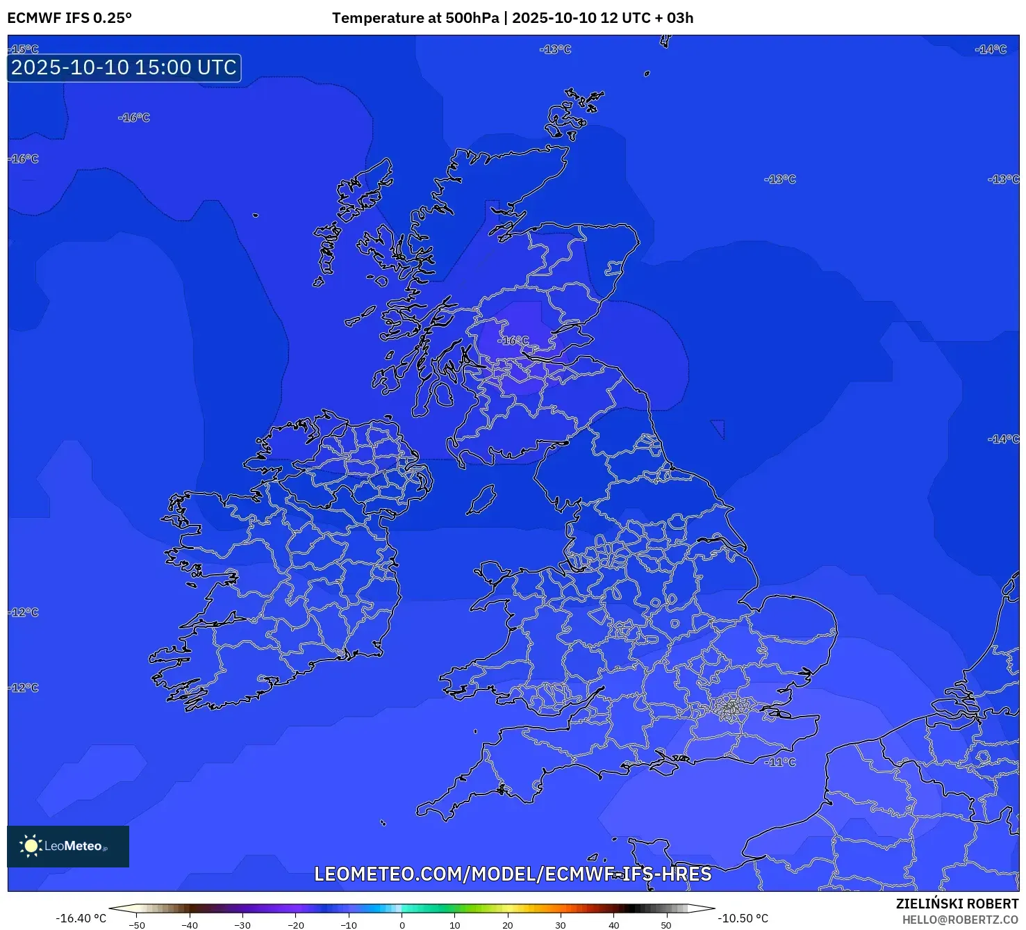 ECMWF IFS 0.25° model - United Kingdom, Temperature at 500hPa ECMWF IFS 0.25° model - United Kingdom, Temperature at 500hPa