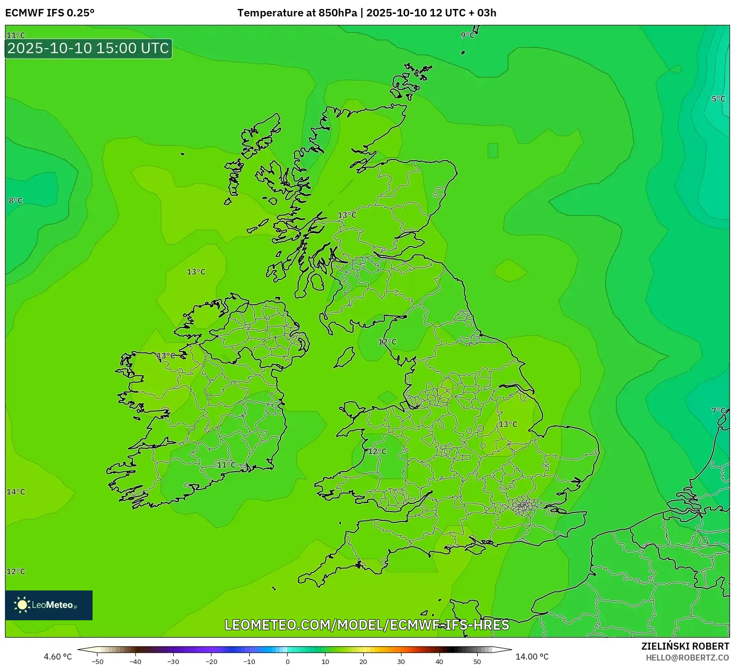 ECMWF IFS 0.25° model - United Kingdom, Temperature at 850hPa ECMWF IFS 0.25° model - United Kingdom, Temperature at 850hPa