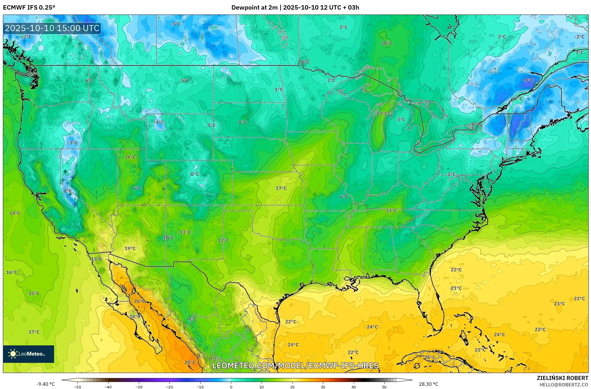 ECMWF IFS 0.25° model - United States, Dewpoint at 2m ECMWF IFS 0.25° model - United States, Dewpoint at 2m