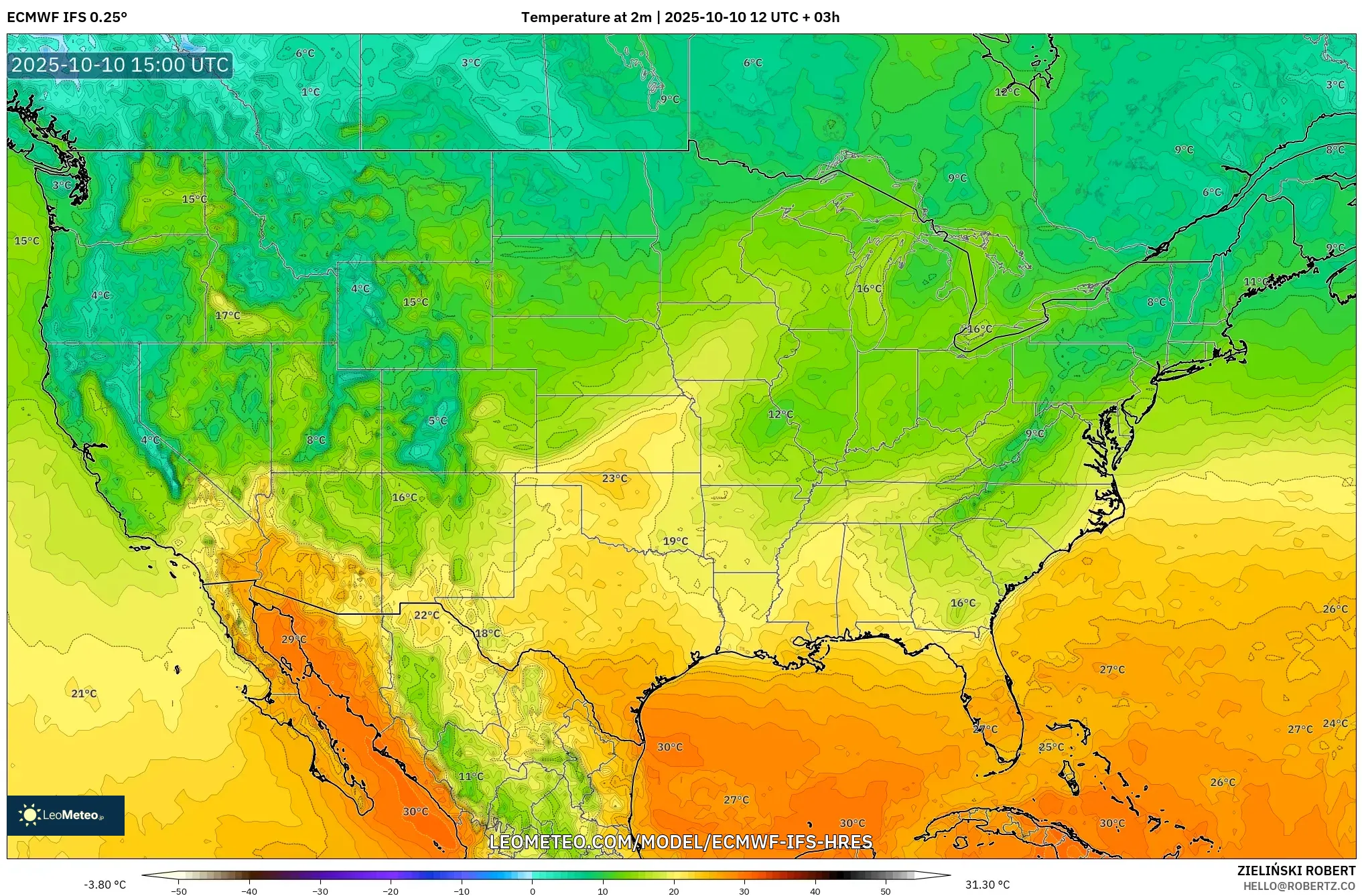 ECMWF IFS 0.25° model - United States, Temperature at 2m ECMWF IFS 0.25° model - United States, Temperature at 2m