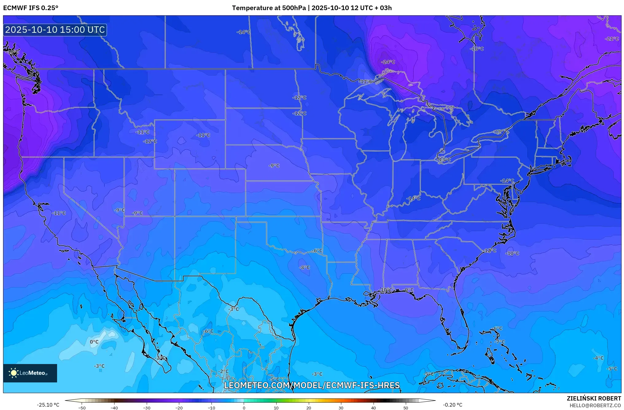 ECMWF IFS 0.25° model - United States, Temperature at 500hPa ECMWF IFS 0.25° model - United States, Temperature at 500hPa