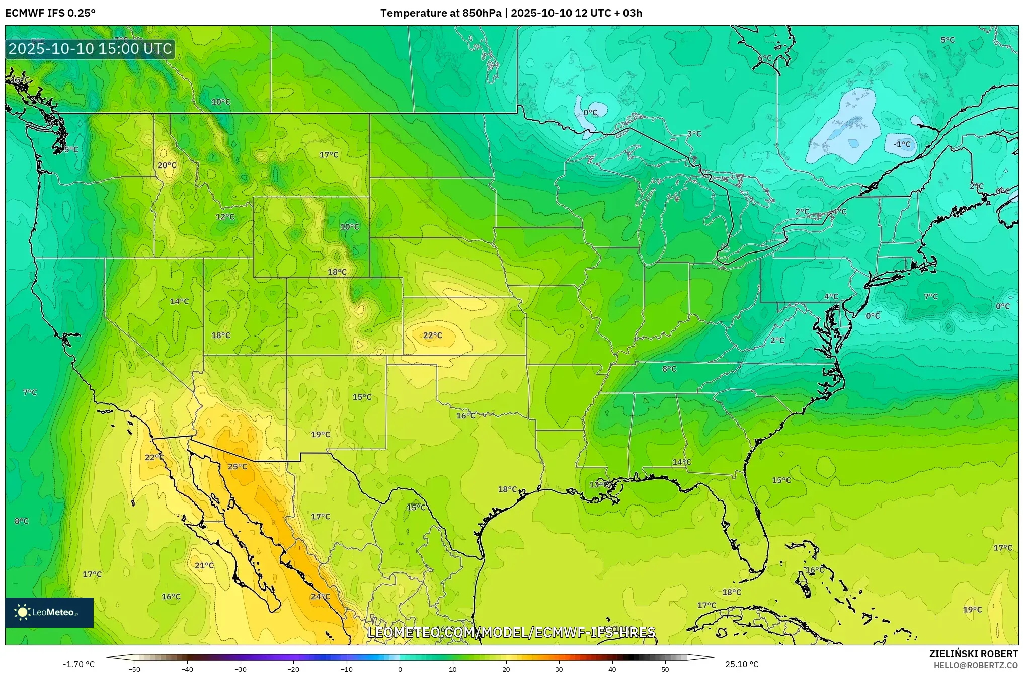 ECMWF IFS 0.25° model - United States, Temperature at 850hPa