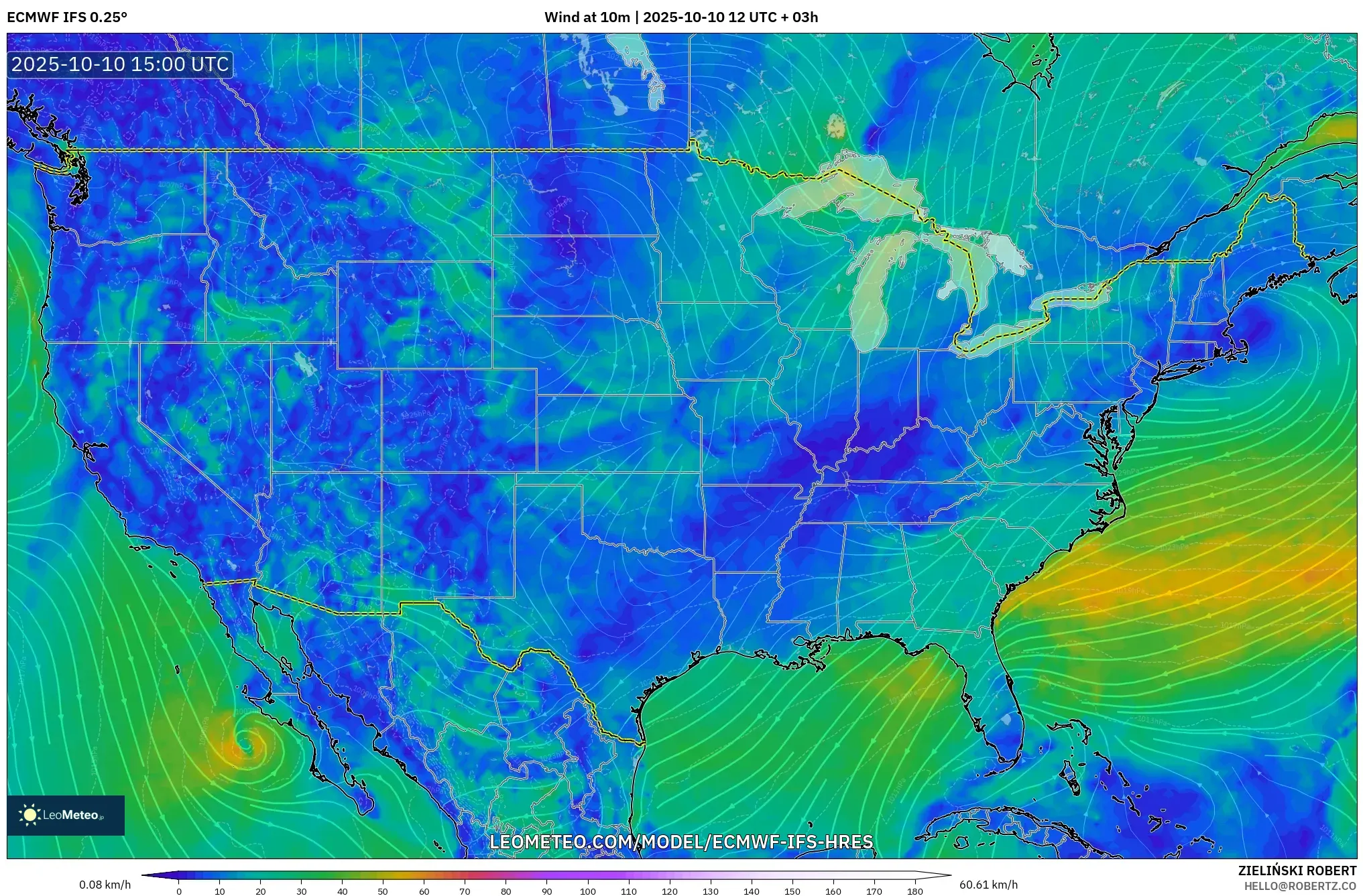 ECMWF IFS 0.25° model - United States, Wind at 10m ECMWF IFS 0.25° model - United States, Wind at 10m