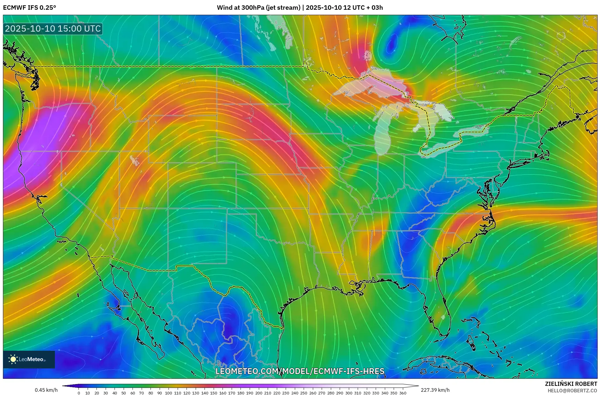 ECMWF IFS 0.25° model - United States, Wind at 300hPa (jet stream)