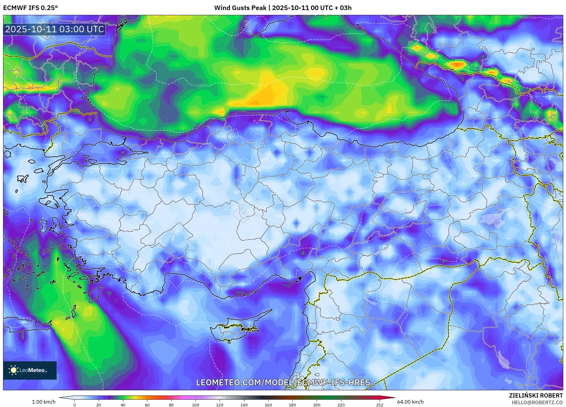 ECMWF IFS 0.25° model - Turkey, Wind Gusts Peak ECMWF IFS 0.25° model - Turkey, Wind Gusts Peak