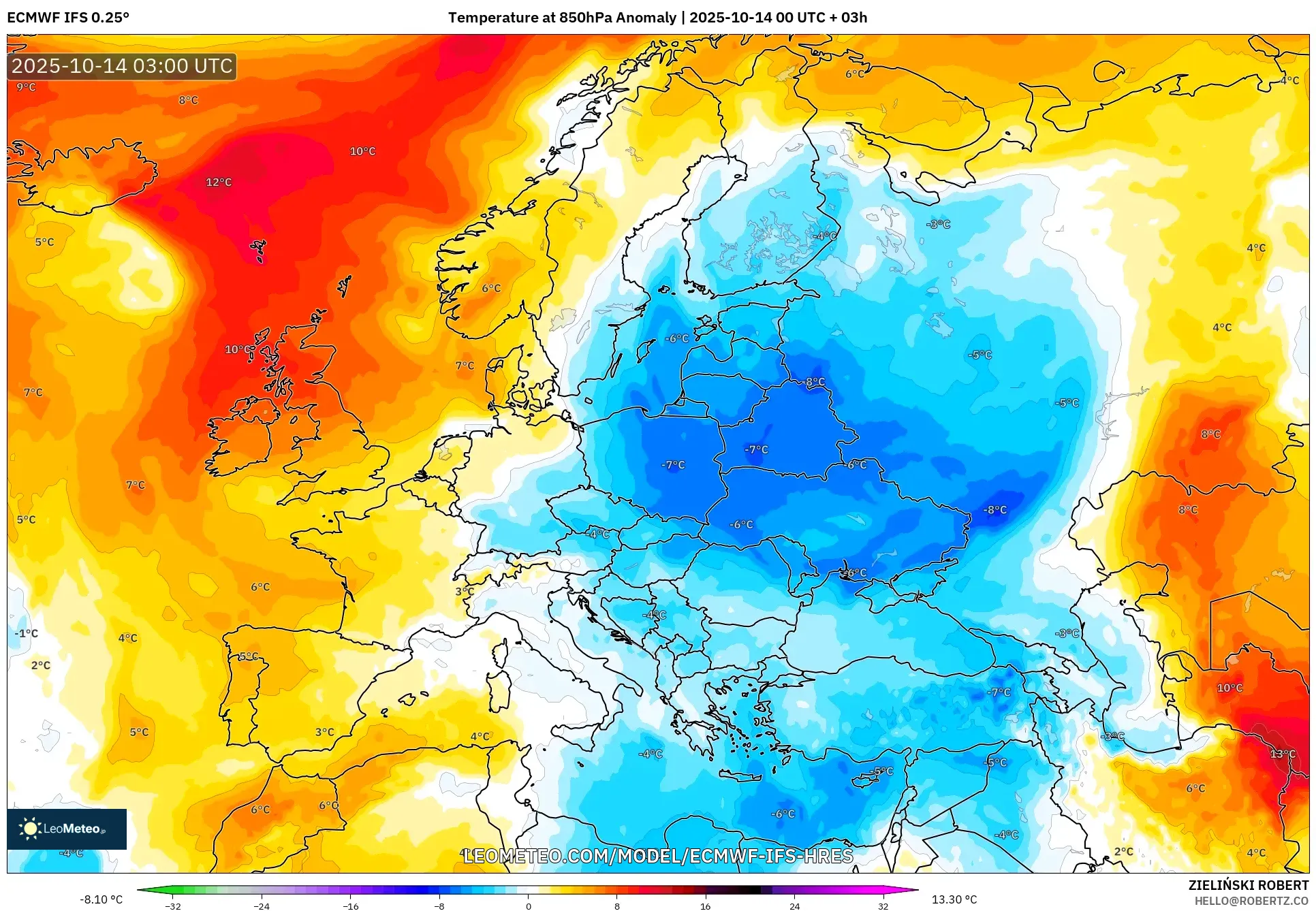 ECMWF IFS 0.25° model - Europe, Temperature at 850hPa Anomaly ECMWF IFS 0.25° model - Europe, Temperature at 850hPa Anomaly