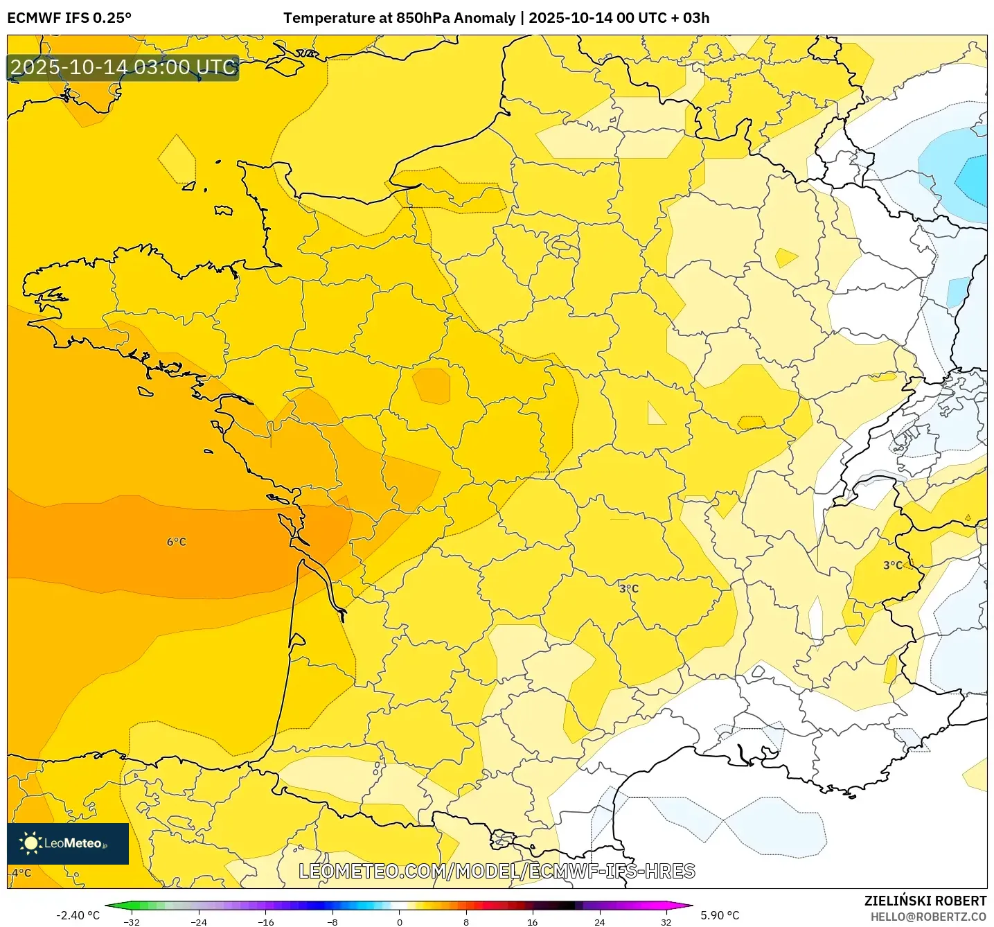 ECMWF IFS 0.25° model - France, Temperature at 850hPa Anomaly ECMWF IFS 0.25° model - France, Temperature at 850hPa Anomaly