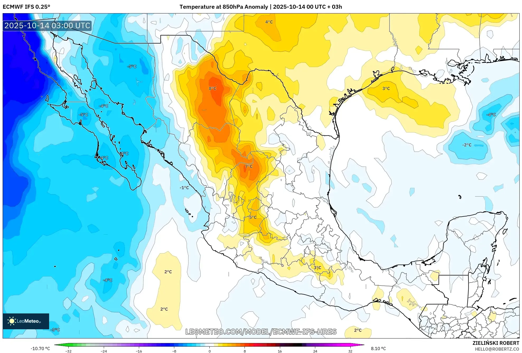 ECMWF IFS 0.25° model - Mexico, Temperature at 850hPa Anomaly ECMWF IFS 0.25° model - Mexico, Temperature at 850hPa Anomaly