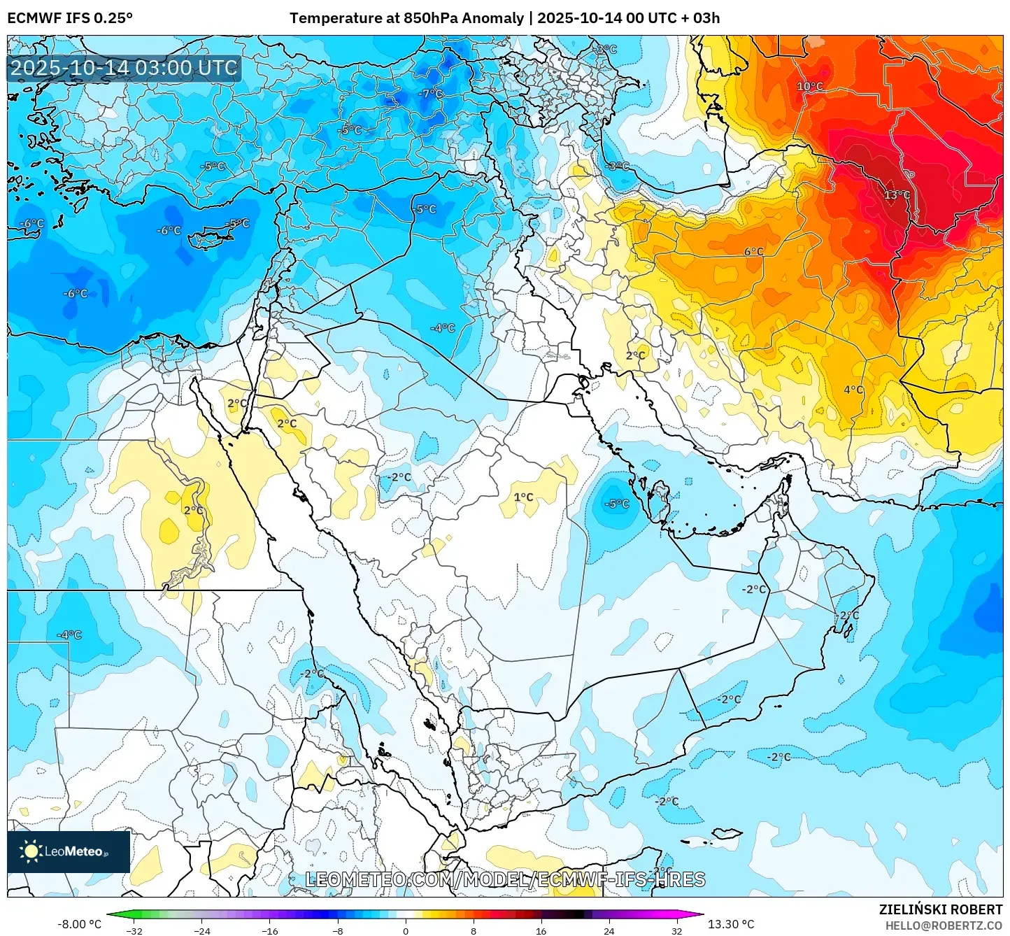 ECMWF IFS 0.25° model - Middle East, Temperature at 850hPa Anomaly ECMWF IFS 0.25° model - Middle East, Temperature at 850hPa Anomaly