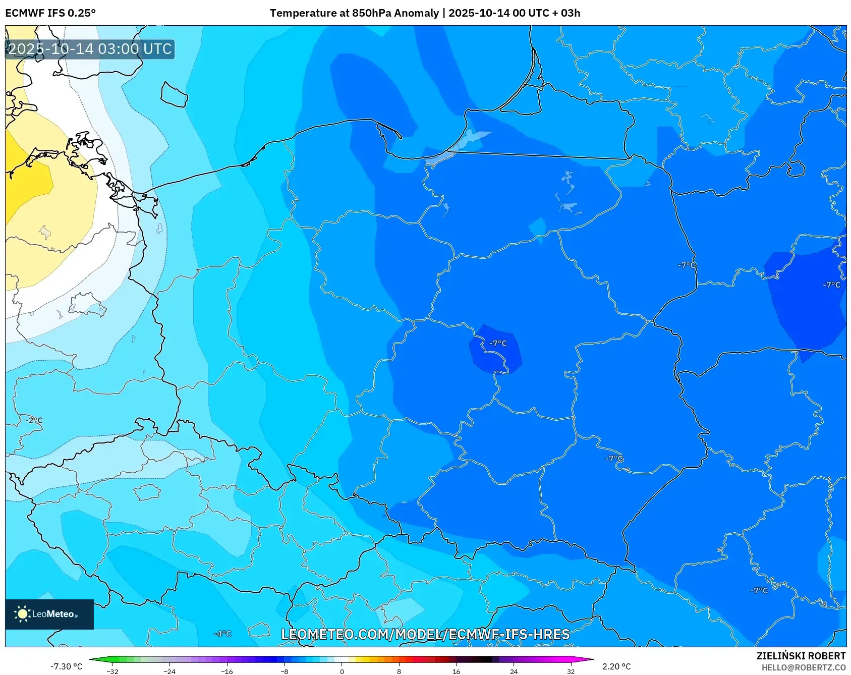 ECMWF IFS 0.25° model - Poland, Temperature at 850hPa Anomaly ECMWF IFS 0.25° model - Poland, Temperature at 850hPa Anomaly
