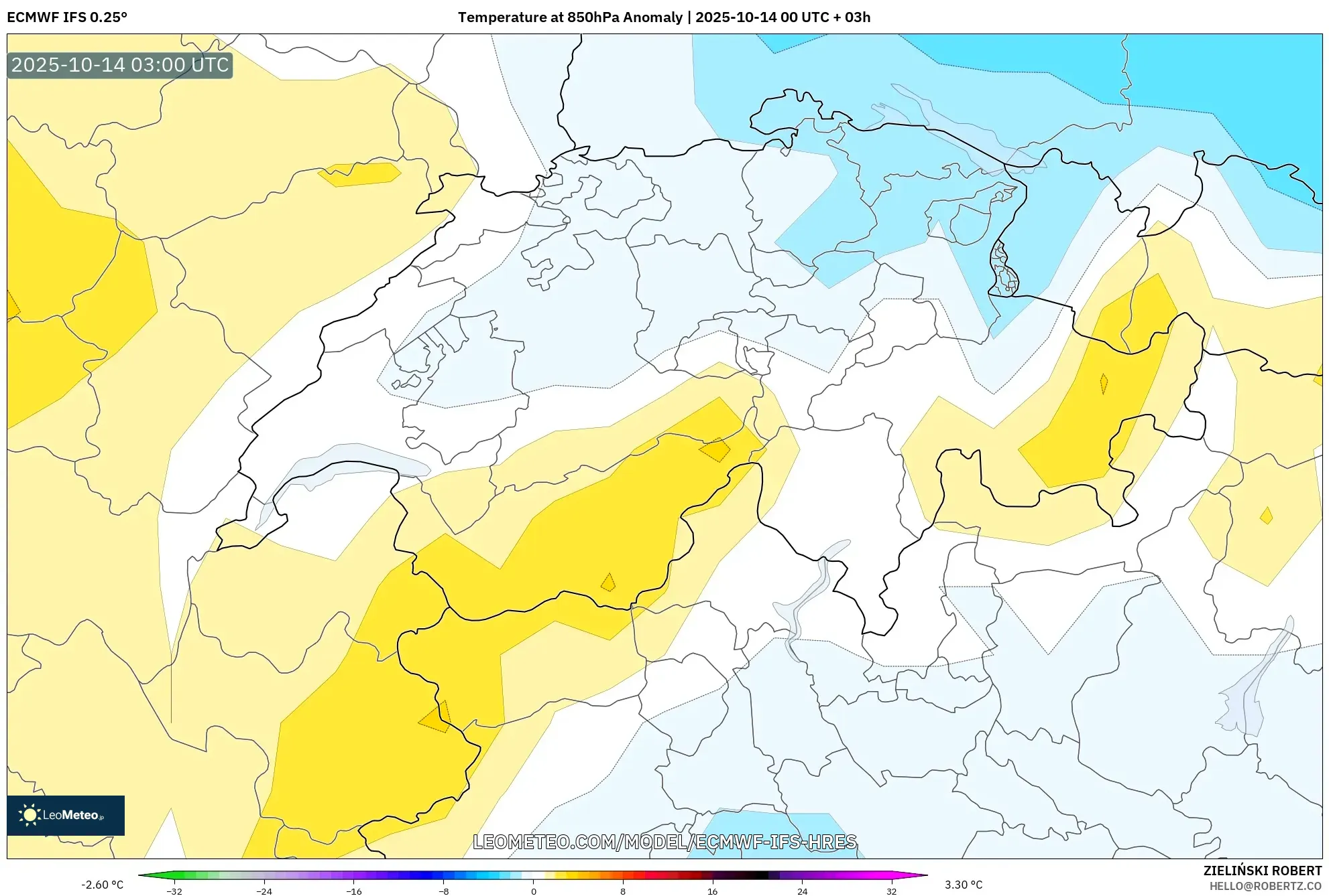 ECMWF IFS 0.25° model - Switzerland, Temperature at 850hPa Anomaly ECMWF IFS 0.25° model - Switzerland, Temperature at 850hPa Anomaly
